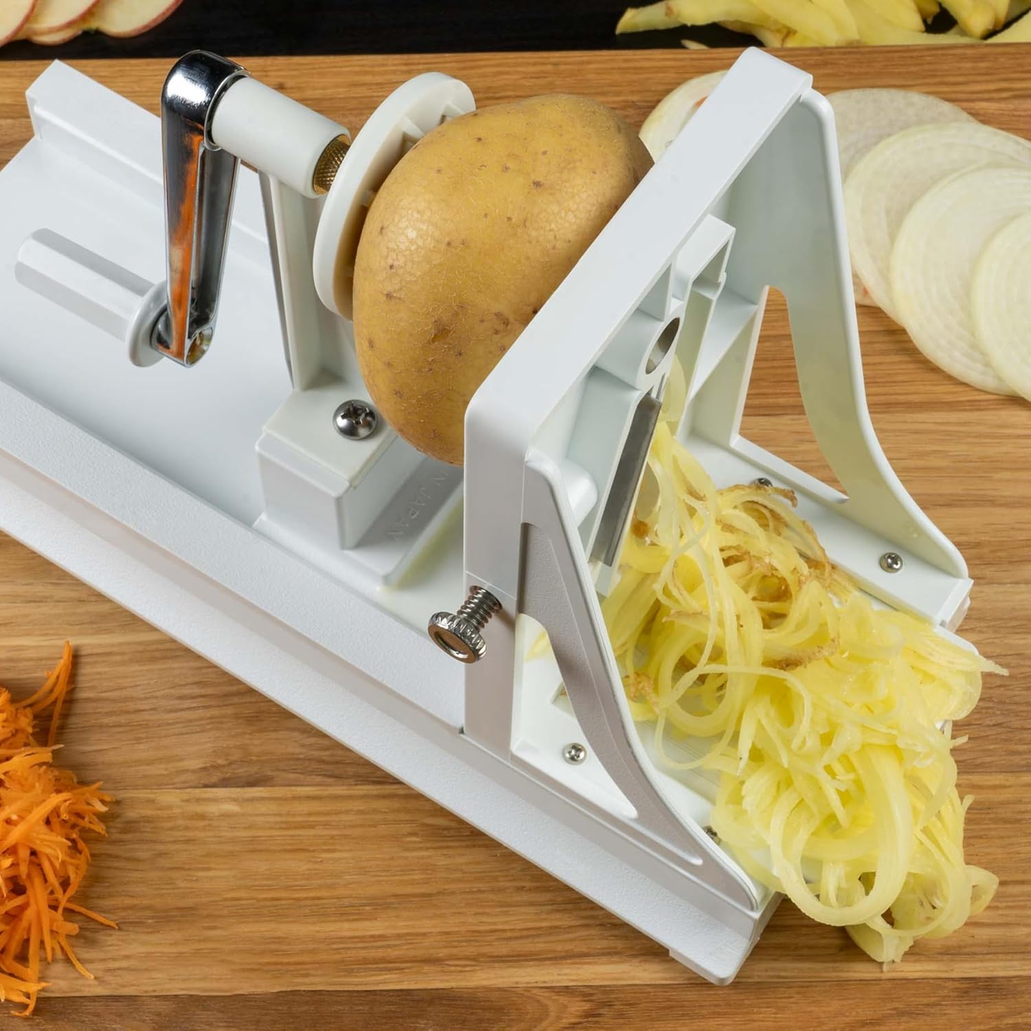 Benriner Mandolin Slicer made of ABS Plastic BPA Free - Horizontal White with 3 Interchangeable Blades, Stainless Steel Blades, 27 x 12 x 18 cm