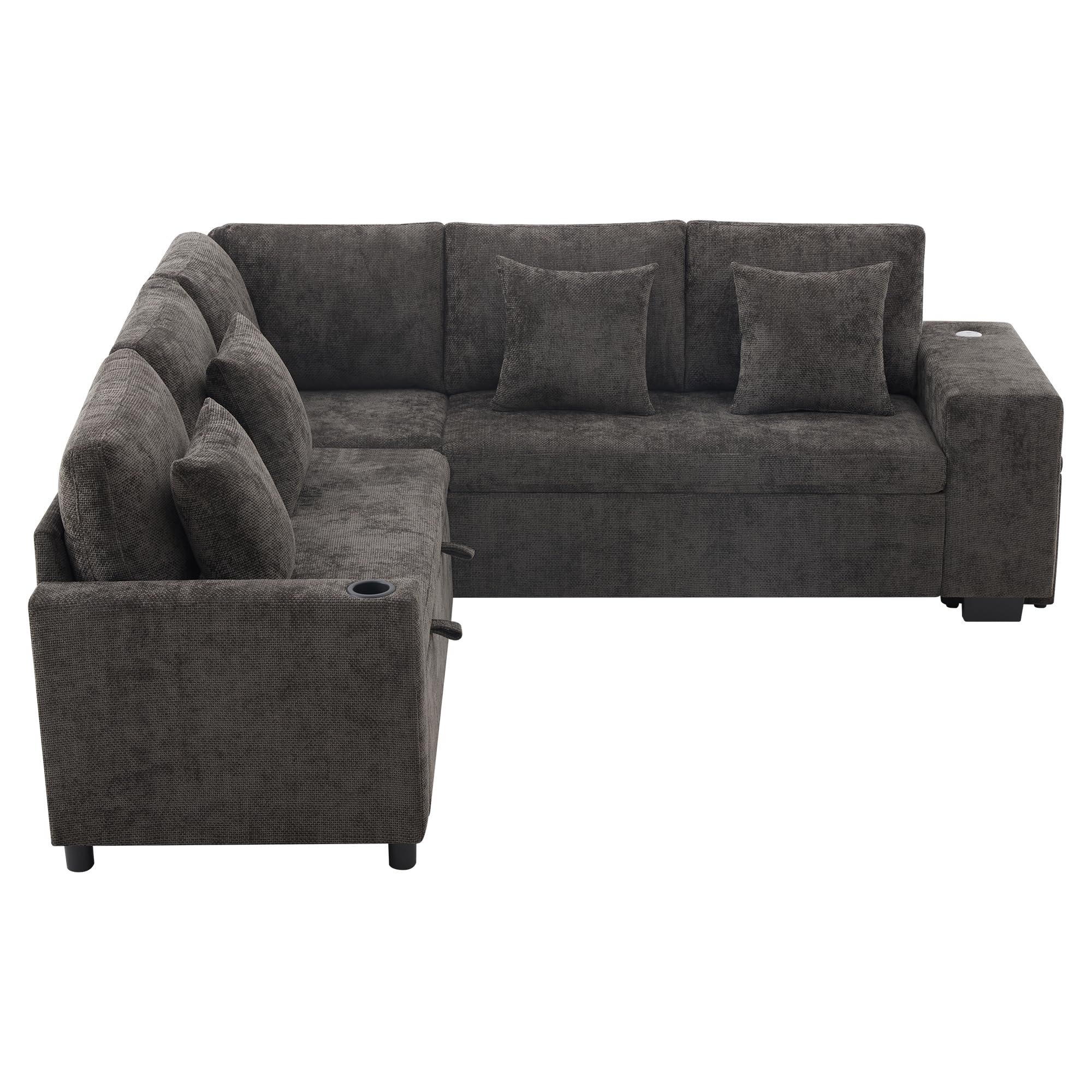 Divano angolare con funzione letto e vano portaoggetti, divano letto convertibile a forma di L, portabicchieri, braccioli larghi, cuscino incluso, ideale per soggiorno e home theater, grigio