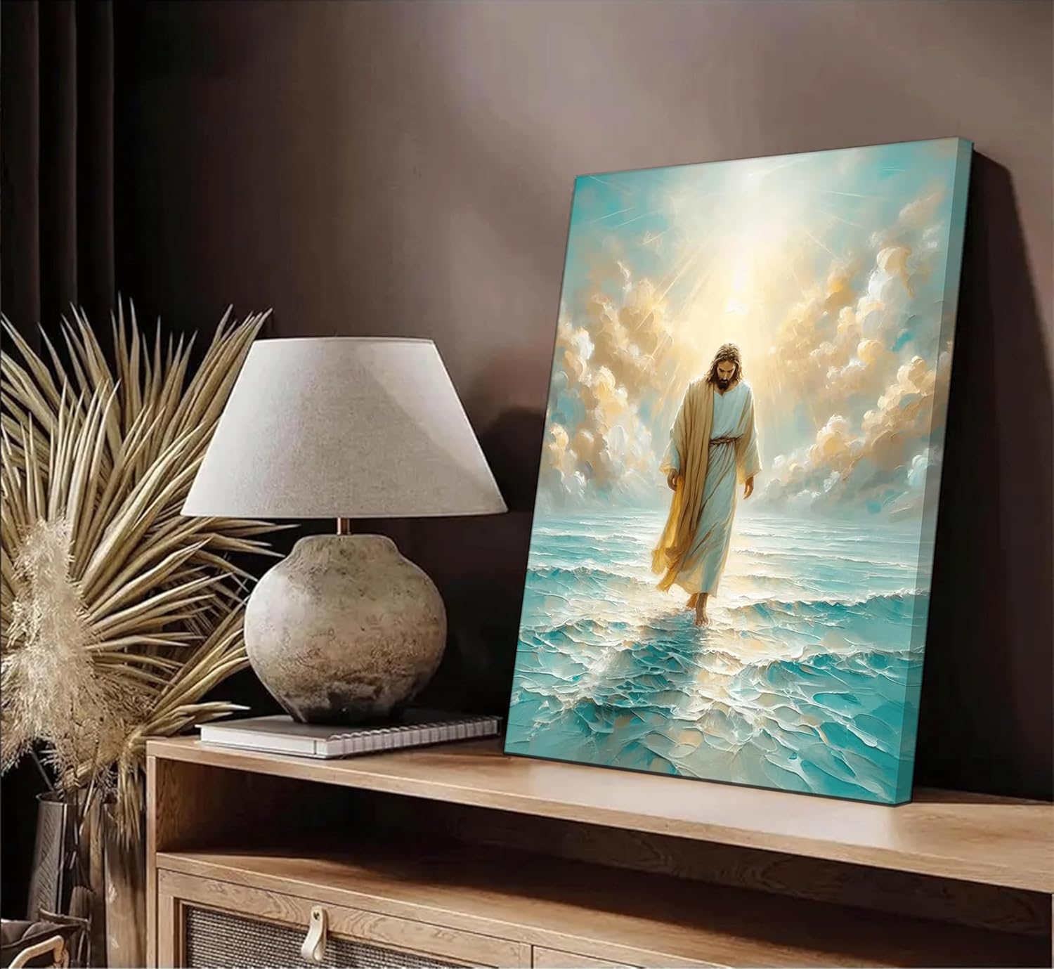 Jesus Walks On Water Canvas Wall Art Christian Bible Stories Wall Decor Picture Divine Light Modern Religious Poster Prints for Living Room Bedroom Church Home Decoration 16x24in Ready To Hang