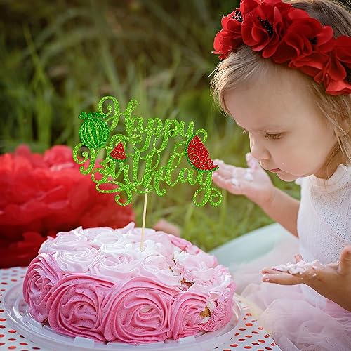 Miniatura 7 de 1 paquete de decoración de pastel de feliz cumpleaños con purpurina de sandía para cupcakes, baby shower, sandía, fruta, niños, fiesta de