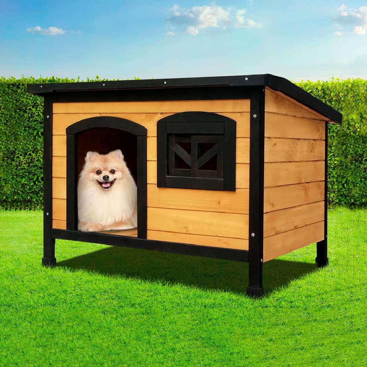 ATAA Caseta de Madera Eco-Responsable para Perros Toby - Negro-Refugio de Madera para Perros, Ideal para el Exterior, jardín y Patio con Ventanas y Techo Amovible