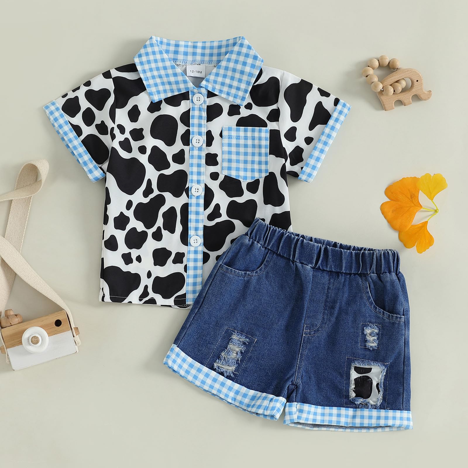Mialoley Toddler Boy Denim Outfit Infant Girl Western Clothes Kids Jean Shorts Set Short Sleeve Shirts Baby Cow Summer Outfit (01 Sky Blue, 18-24 Months)