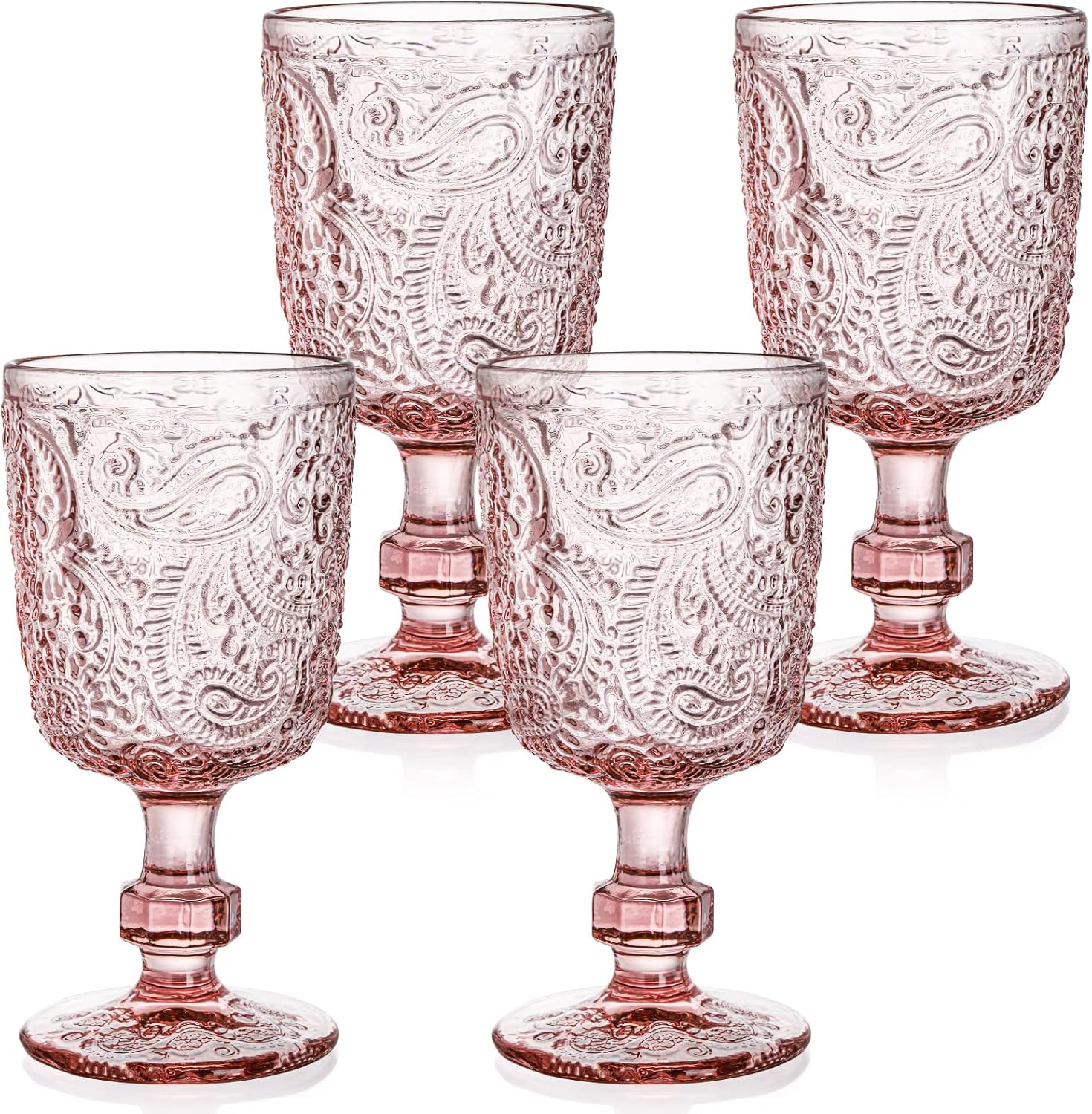 Tebery 4 Pack Pink Glass Wine Goblet Vintage, 10oz Colored Beverage Stemmed Glass Cups, Embossed Glassware Set for Water, Juice, Wine,Beer and Cocktails