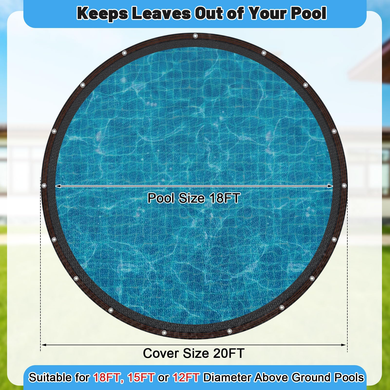 Pool Leaf Net Cover, 20ft Round Leaf Net for above Ground Pool to Catching Leaves in Winter, Pool Safety Screen Mesh Tarp Cover for 18ft Swimming Pools, Black Garden Shade with Grommets