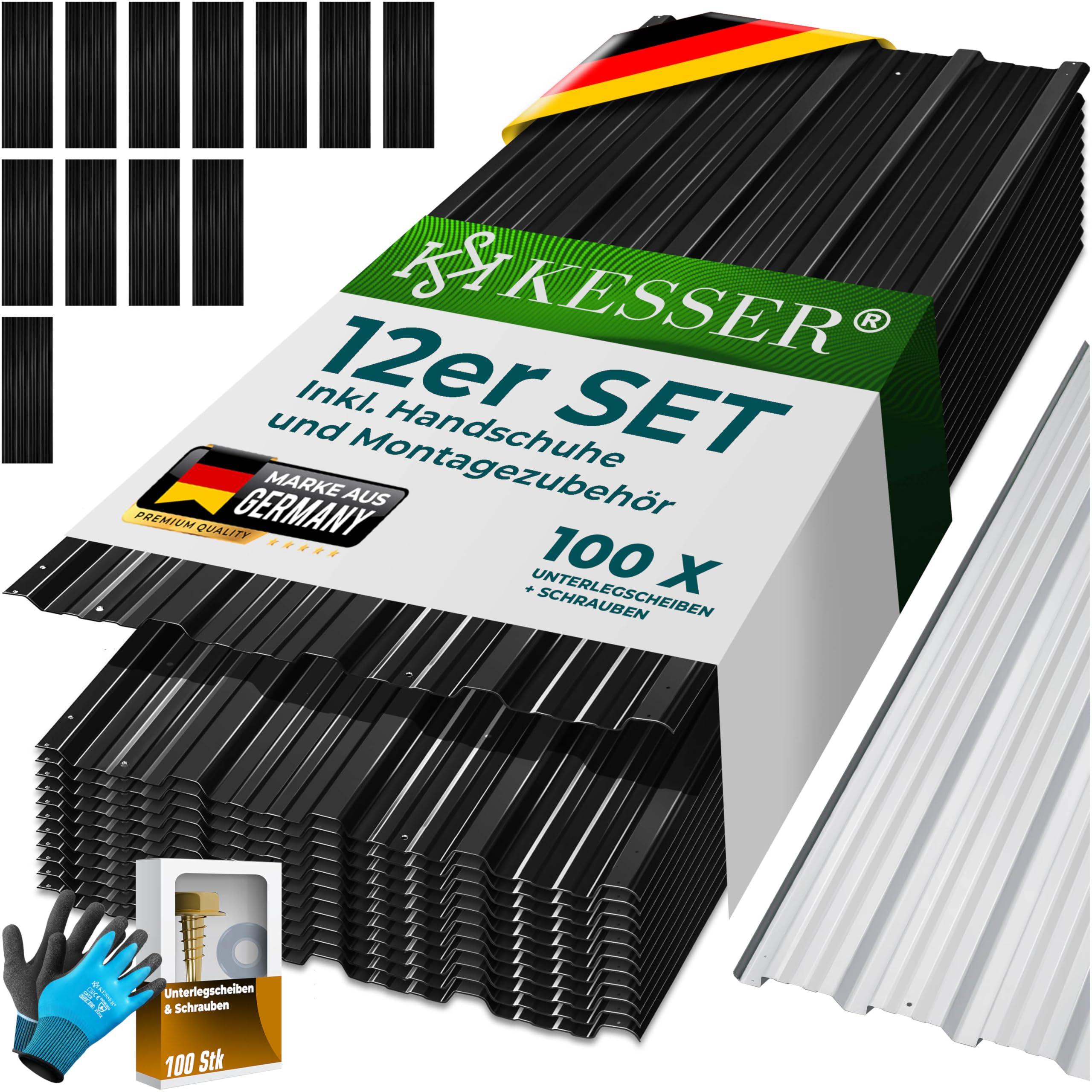 KESSER® 12 Stück Trapezblech Profilblech Set 129x45cm, 7 m² Dachblech verzinkter Stahl 0,25mm, Dachplatten für Gerätehaus, Schuppen & Dach + Schrauben, Unterlegscheiben & Montagehandschuhe, Schwarz