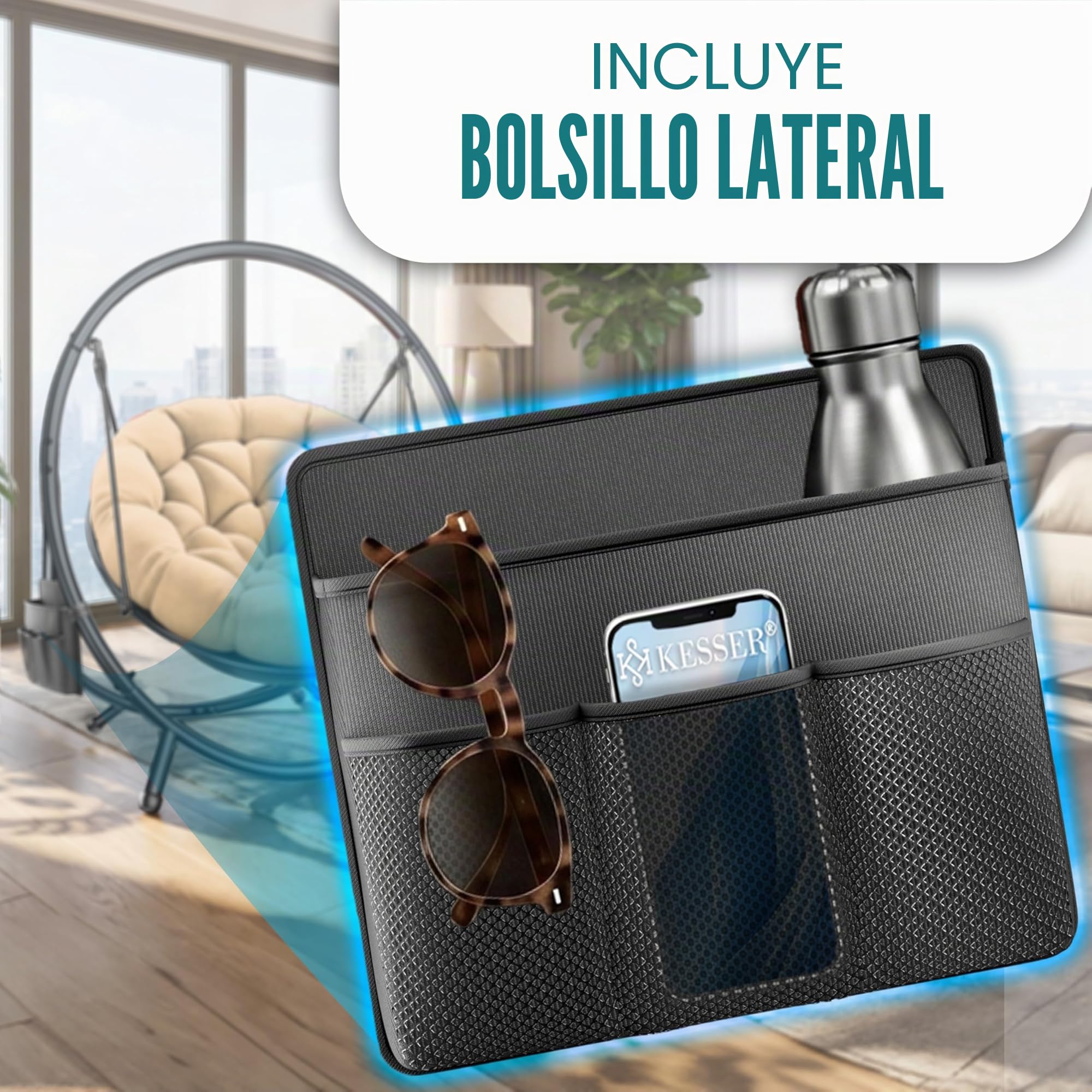 KESSER Silla colgante con estructura Bali, columpio colgante de hasta 150 kg, para interior y exterior, cojín y bolsillo lateral, cesta colgante, estructura de acero y cojín de espuma, ideal para