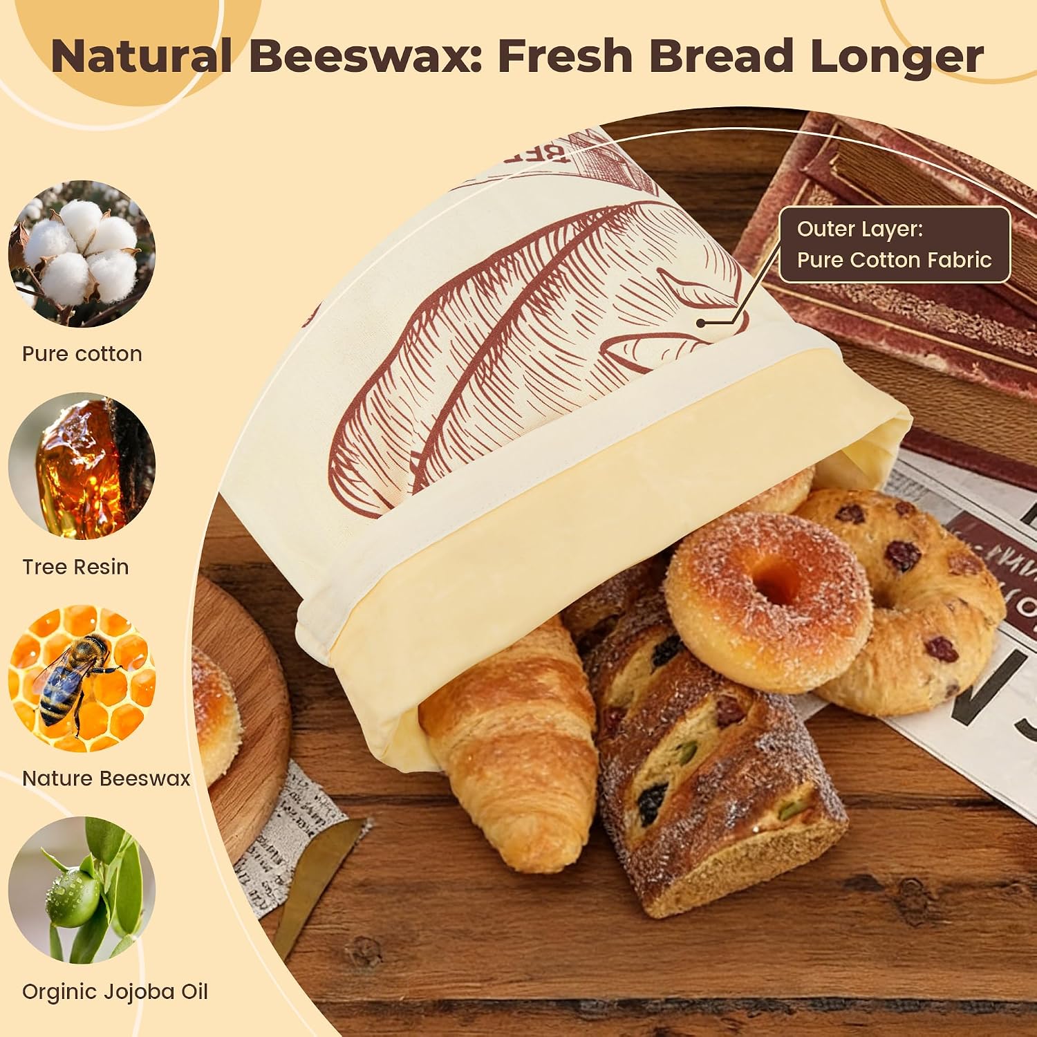 Beeswax Bread Bags for Homemade Bread, 2pcs Reusable Cotton Bread Bags, 17''x13'' Sourdough Storage, Large Reusable Bread Bag, Eco-Friendly Loaf Guard