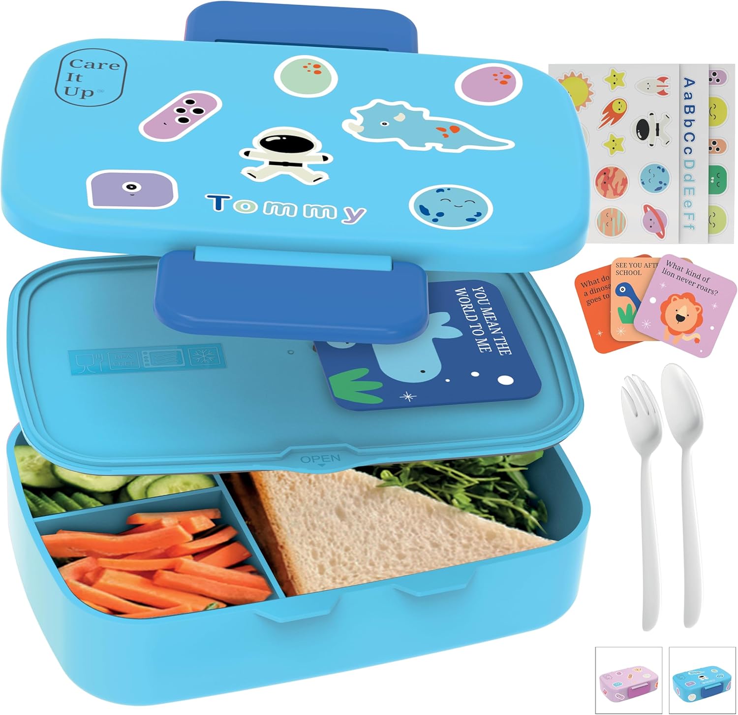 Lonchera Bento para niños y niñas con juego de cubiertos, hojas de calcomanías (más de 5 años), caja de almuerzo de 3 compartimentos a prueba de