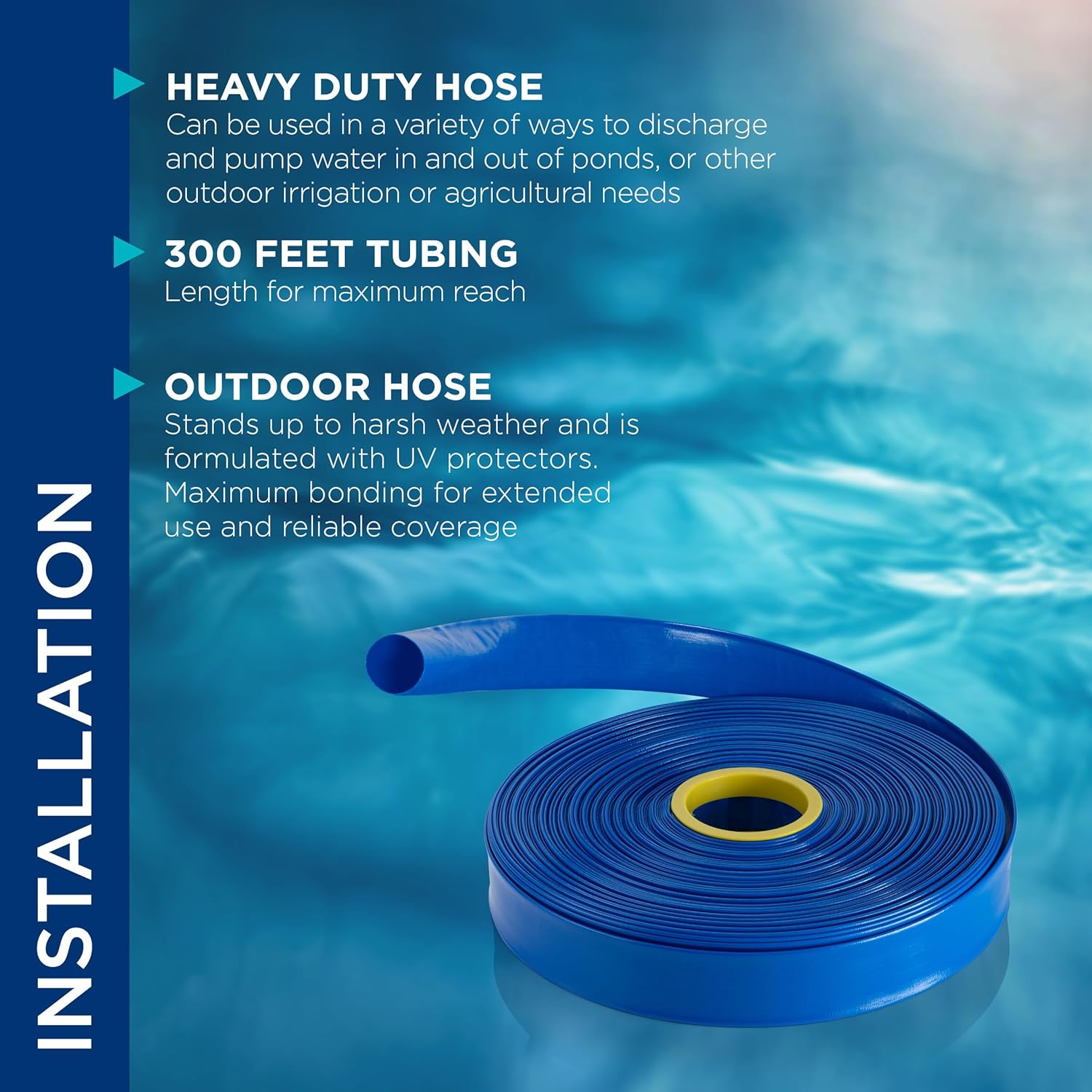 Alpine Corporation 300 Ft. PVC Lay-Flat Water Discharge Hose with 2" Inside Diameter, Blue