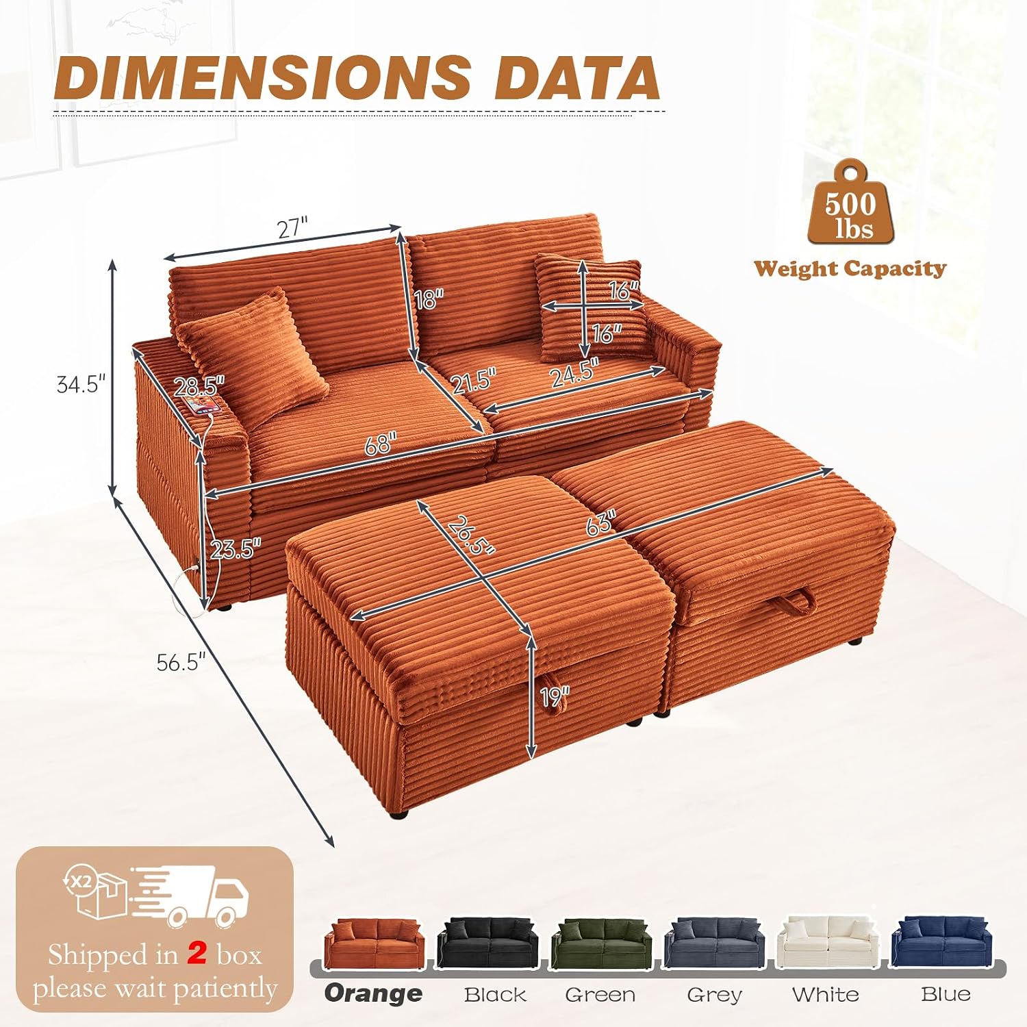 JEEOHEY Oversized Chaise Lounge Chair Indoor, Corduroy Upholstered Loveseat Sofa with Storage Ottomans & USB Ports,Comfy Couch with Hidden Side Table, Sleeper Sofa for Living Room, Bedroom(Orange)