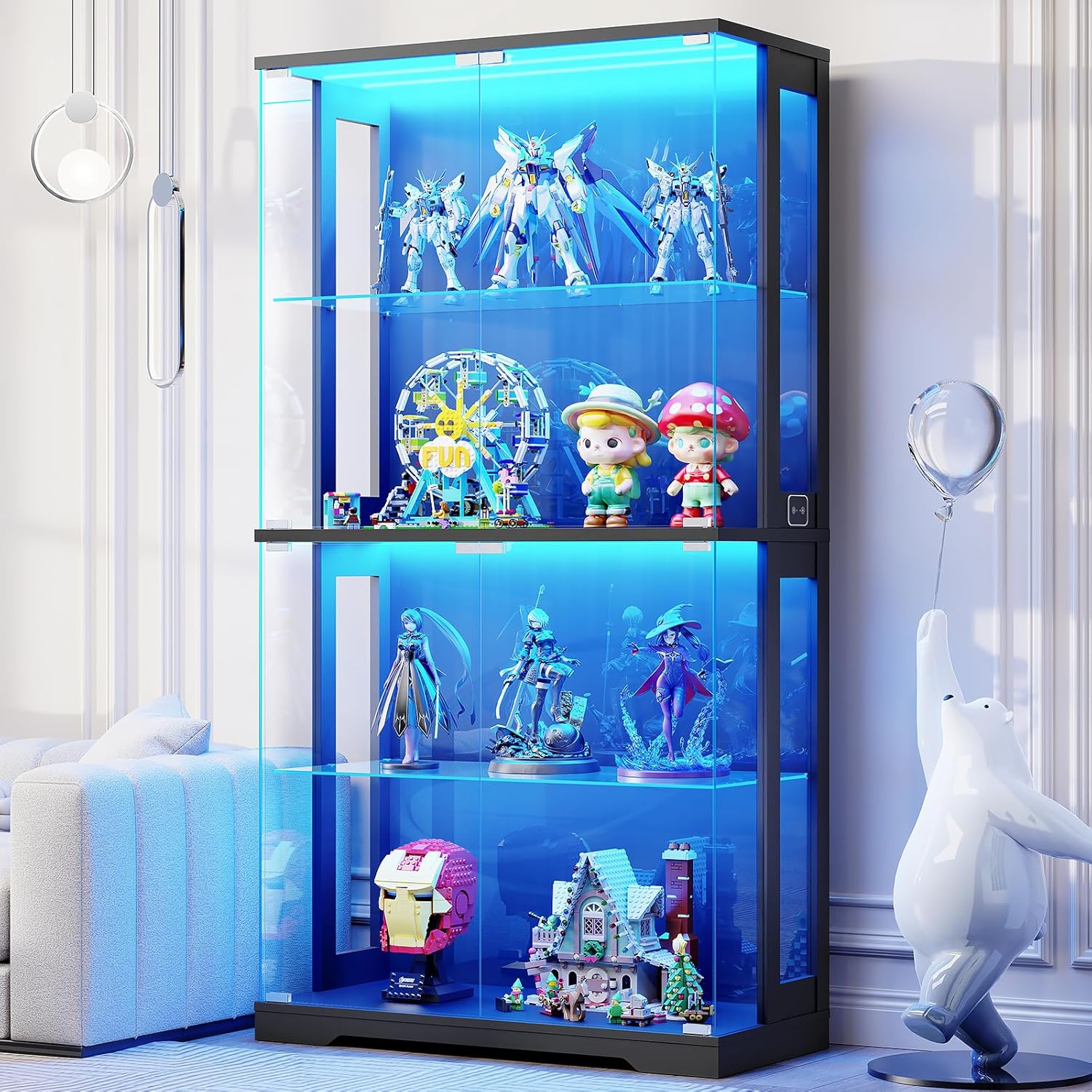Display Cabinet with Glass Doors, 4-Tier Curio Cabinet with Transparent Full-Display Surface, 65" Glass Display Case with 3 Color Lights for Collectibles, Clear Case with Human Sensor Black