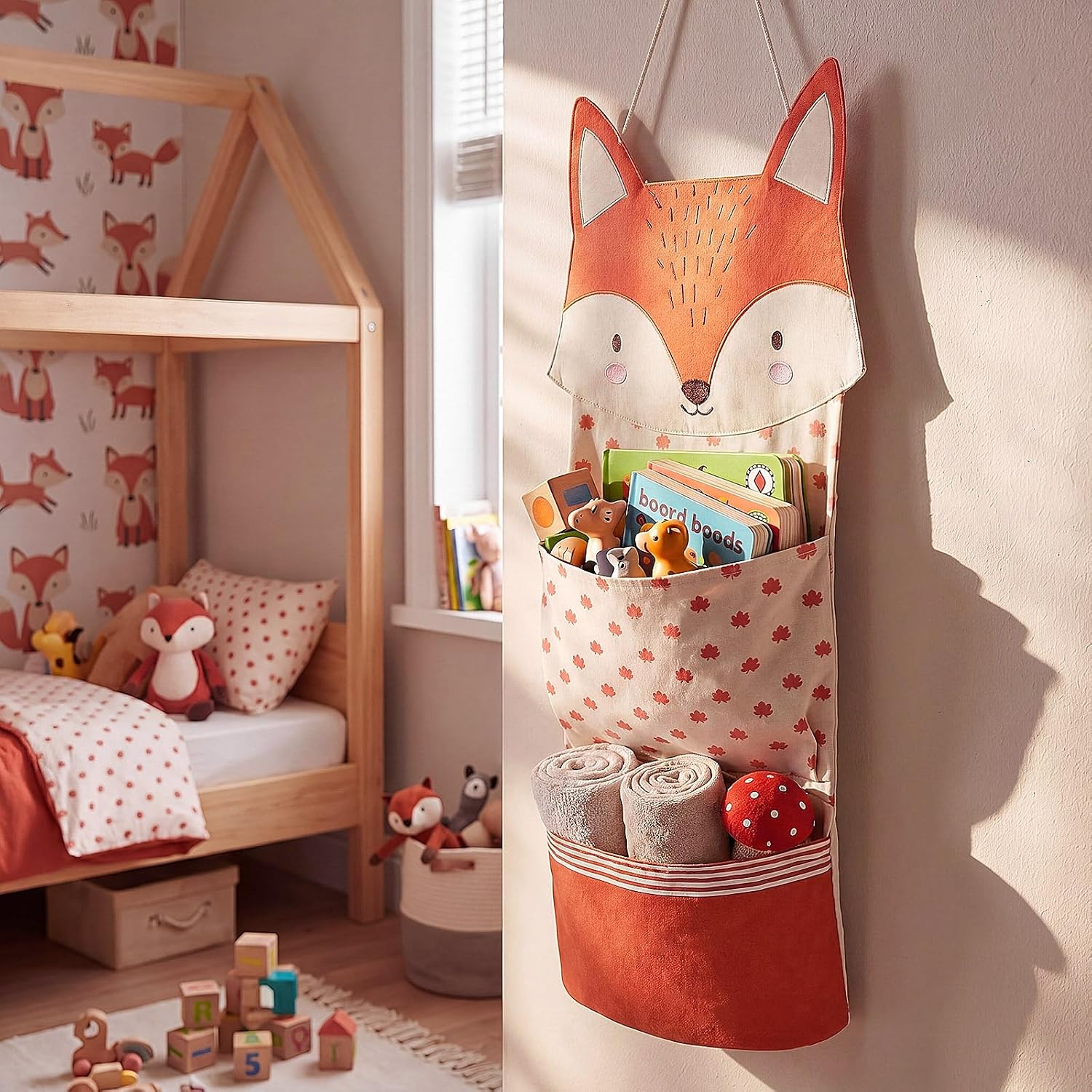 Fox Over Door Organizer for Nursery - Woodland Baby Room Hanging Storage Bag with 2 Pockets, Cotton Over the Door Caddy for Diapers Wipes Closet, Kids Room Decor 27x12 Inch