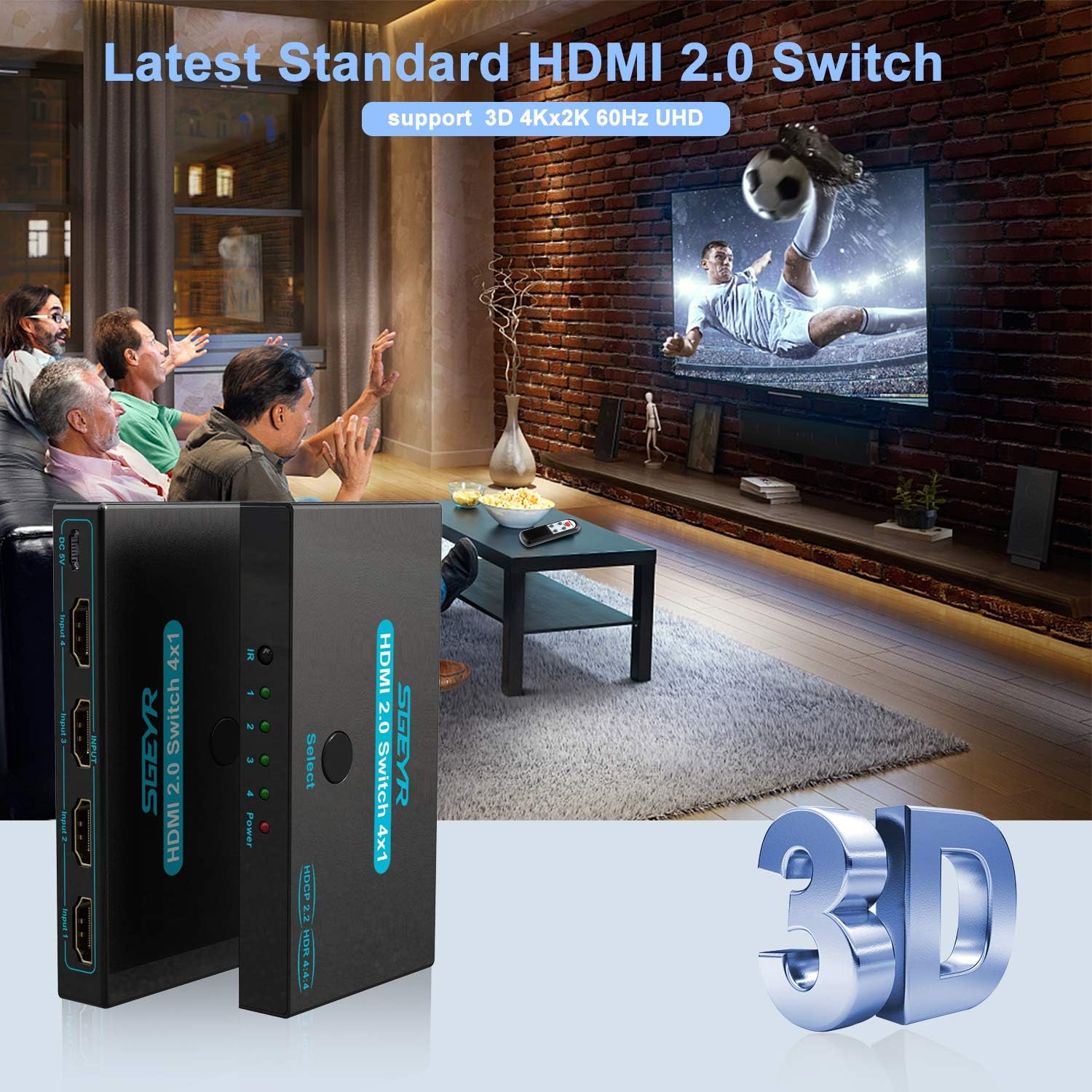 Image depicting the HDMI 2.0 switch in a living room setting, highlighting 3D and 4Kx2K 60Hz UHD support.