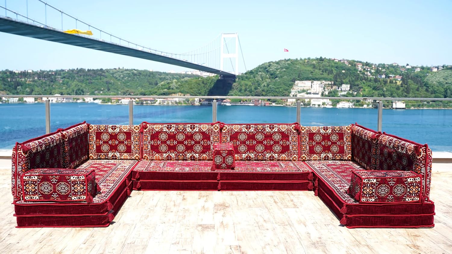 U Shaped Sectional Sofas, Arabic Majlis, Ottoman Couch, Floor Cushions Set, Arabic Jalsa, Floor Seating Sofa, Oriental Sofa Set (4'' Thickness Sofa, U Sofa + Rug + Ottoman, Model 8)