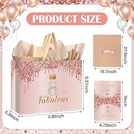 Yoirrat Rose Gold 8th Birthday Gift Bag for Girls - Large Pink Happy Birthday Gift Bag with Wrapping Paper and Card for Decorations Party Supplies