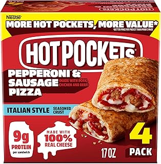 Hot Pockets Pepperoni and Sausage Pizza, Hot Pockets Frozen Sandwiches, Frozen Snacks, Air Fryer Snacks, 9g Protein, 4-Pack