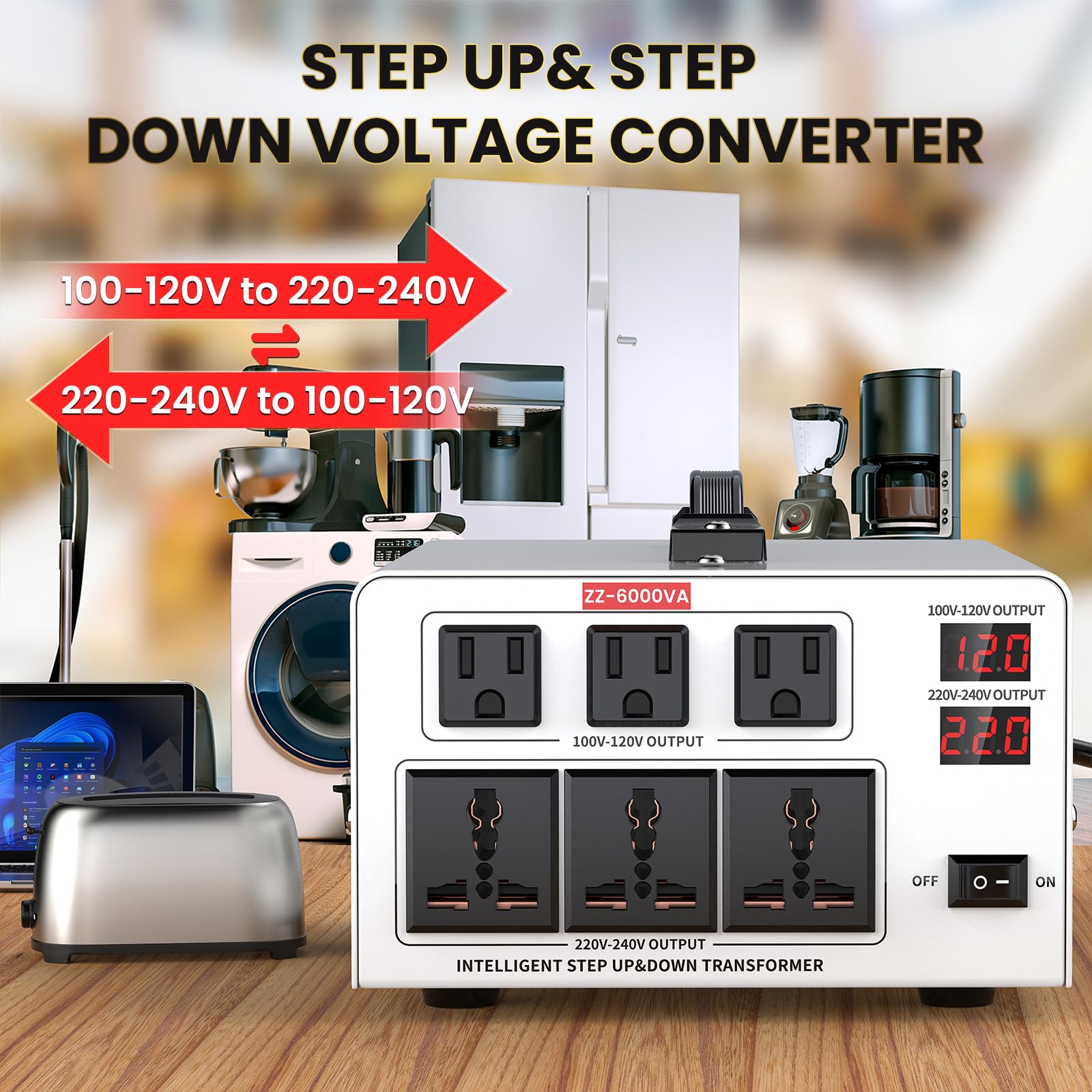 Trasformatore convertitore di tensione resistente da 6000 W - Step Up da 110 V a 220 V e Step Down da 220 V a 110 V, riconoscimento automatico dell'ingresso, 3 prese americane e 3 universali, display