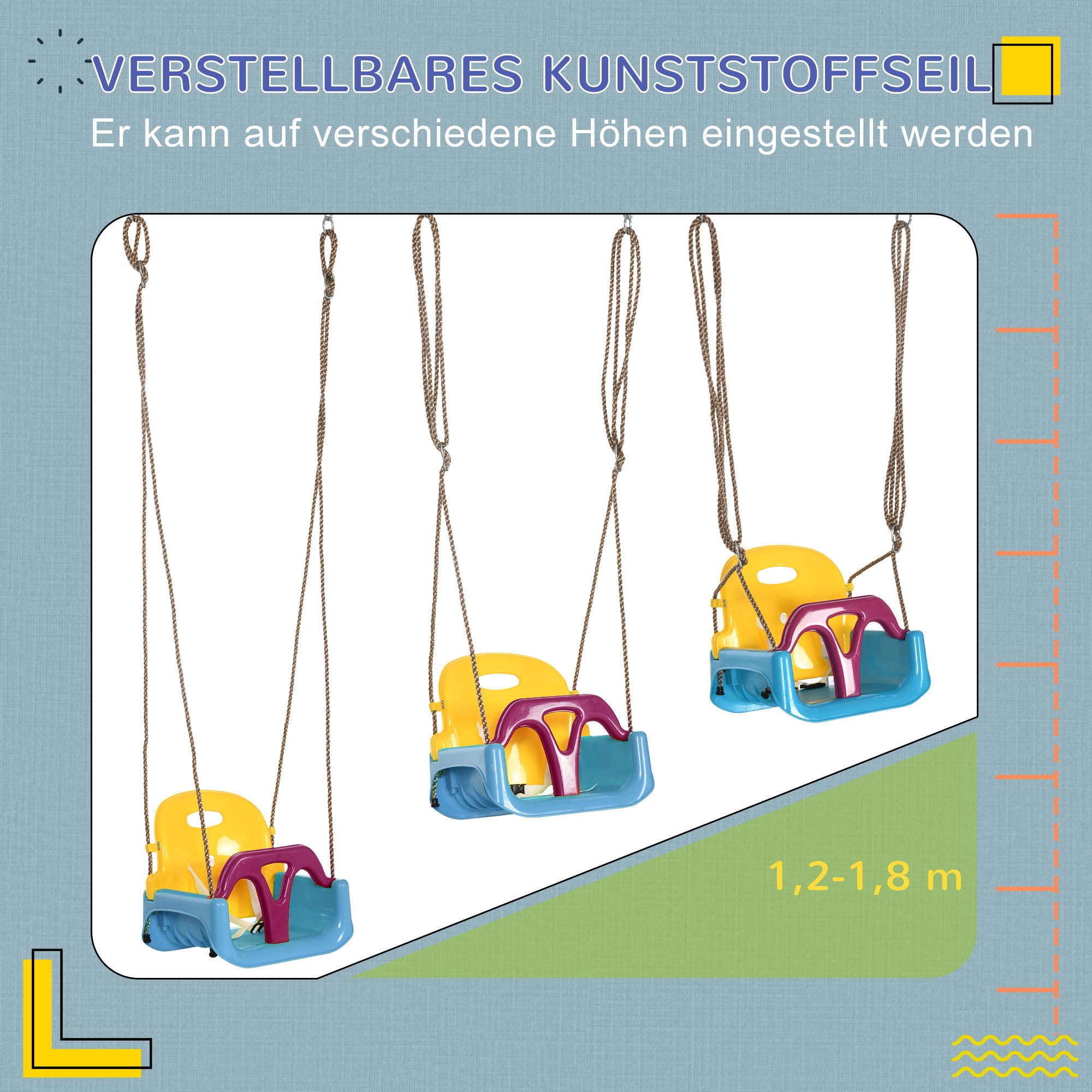 Outsunny columpio de bebé para exterior 3 en 1, columpio infantil con cuerda ajustable, altura regulable 120-180 cm, asiento de columpio para niños a partir de 9 meses, columpio infantil para interior