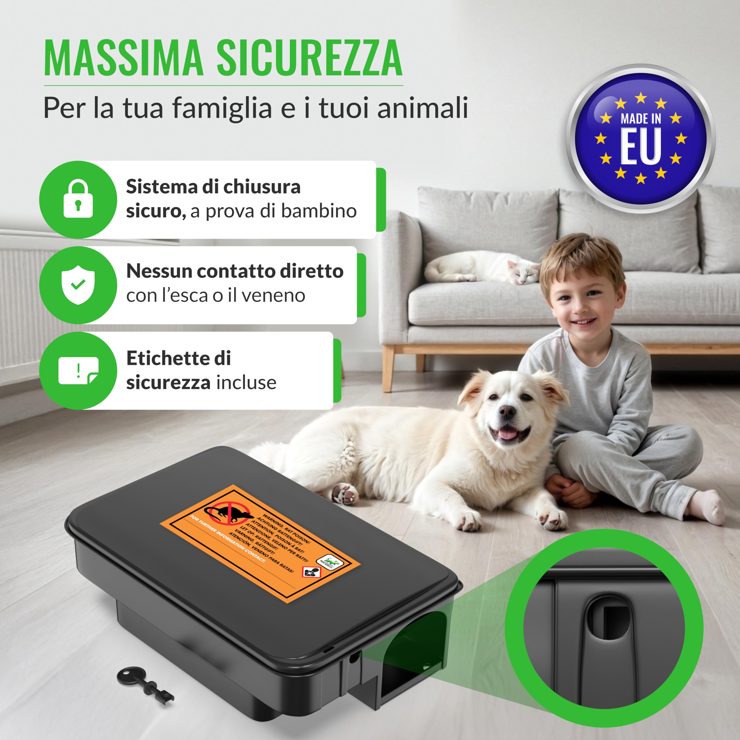 Mice&Co 4X Trappole per Ratti e Topi Professionali e Efficaci – Scatola per Esche Topicida Anti-manomissione – Stazione di Esca Sicura per Bambini e Animali – Interno/Esterno