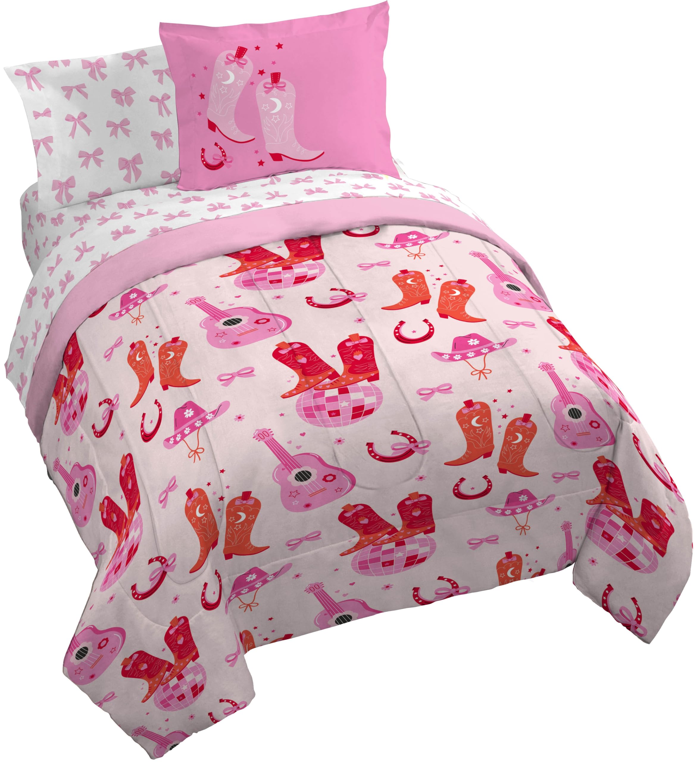 Jay Franco Kids Comforter Set Includes Sheets and Pillow Covers - Soft and Cozy Bed Set for Stylish Room Decor, Pink, Cowgirl Boots & Bows 7 Piece Queen Size Bedding