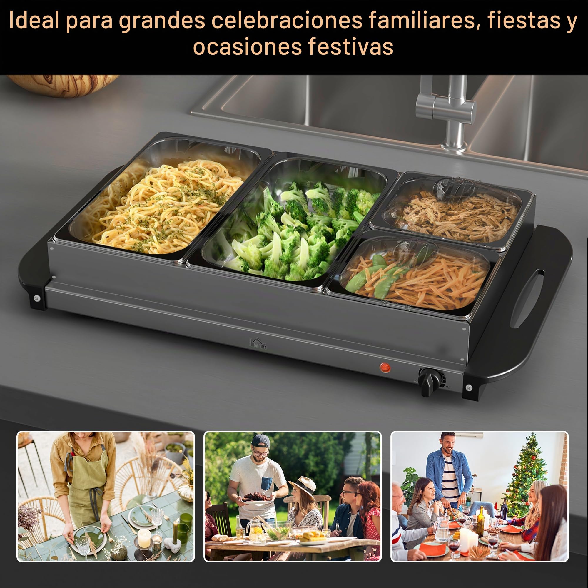HOMCOM Calentador de Buffet 6.8L Placa caliente 300 Watt Calentador de alimentos de acero inoxidable con termostato ajustable Chafing dish for parties buffets family meals
