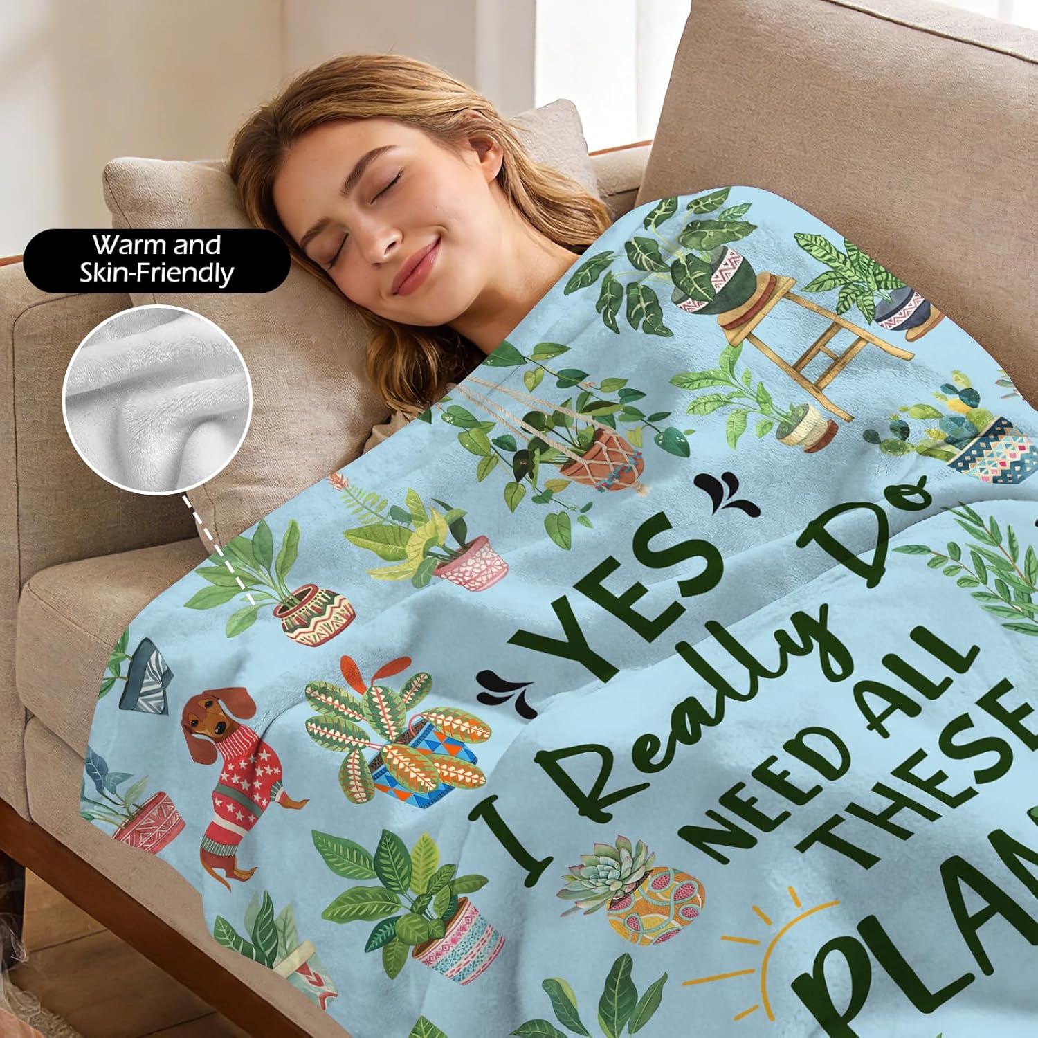 Garden Blanket Gifts 50x60 Inch I Really Need All These Plants Vintage Gardening Blanket with Dachshund Pattern, Birthday for Plant Lovers Soft Cozy Flannel Throw for Couch Sofa