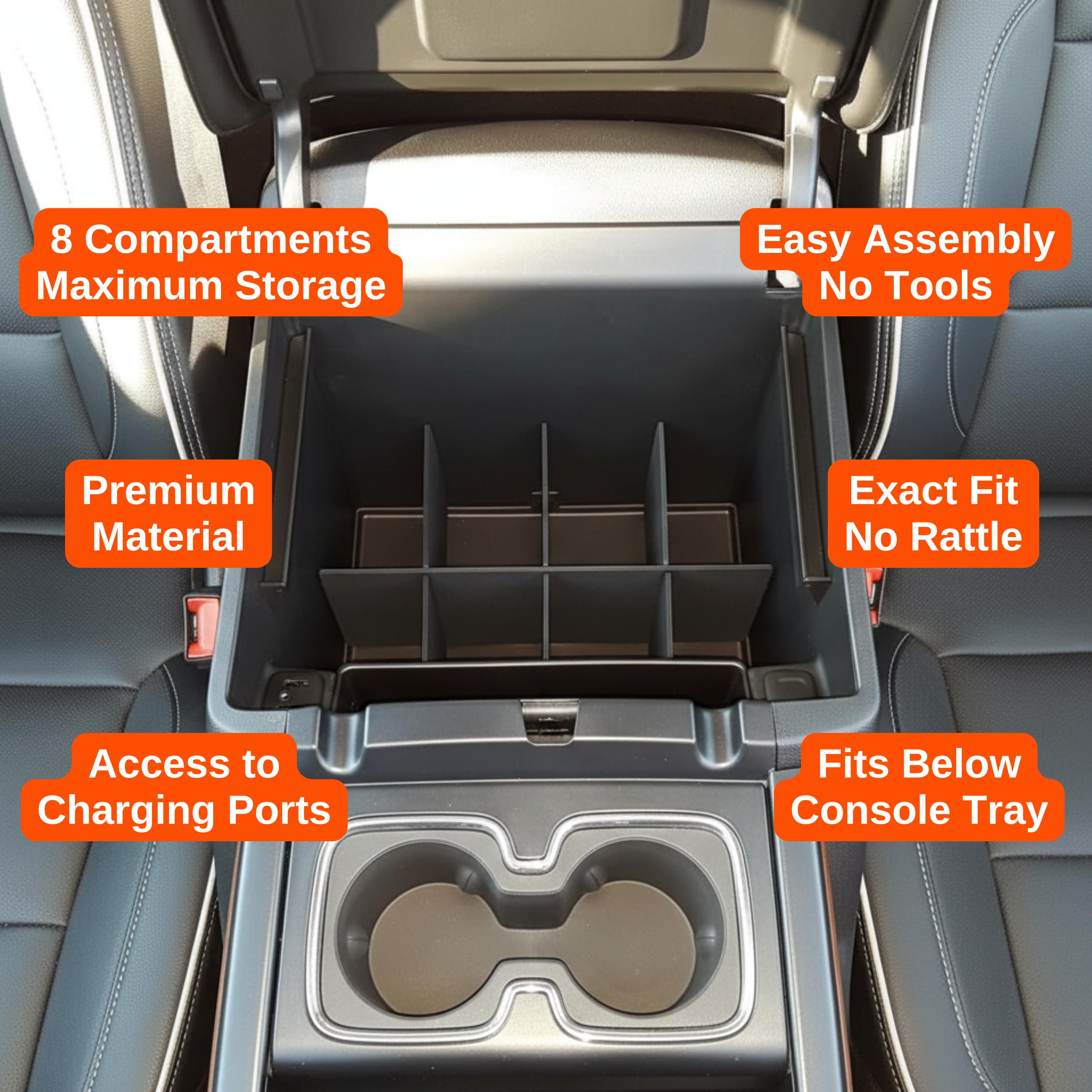 Vehicle OCD Organizer konsoli środkowej do Chevy Silverado 1500 / GMC Sierra 1500 (2014-18) i 2500/3500 HD (2015-19) (tylko pełna konsola z fotelami kubełkowymi) - Wyprodukowano w USA - SLX115