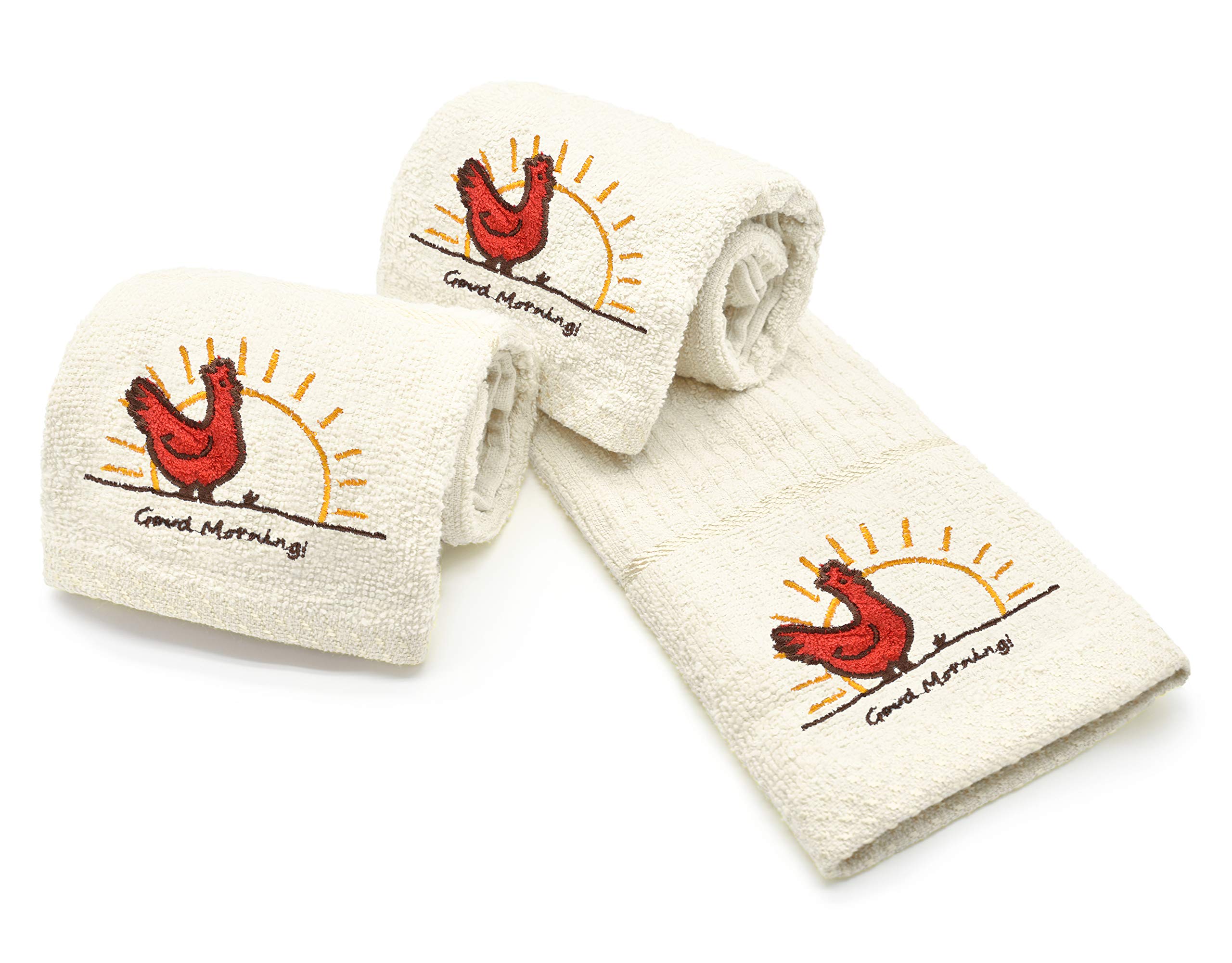 Ashley Mills Woven Embroidered Tea Towels Pack of 3 Large 40 x 70cms Super Absorbent Farm Animals 5 Styles 100% Cotton (Chicken, Cream) — image 1