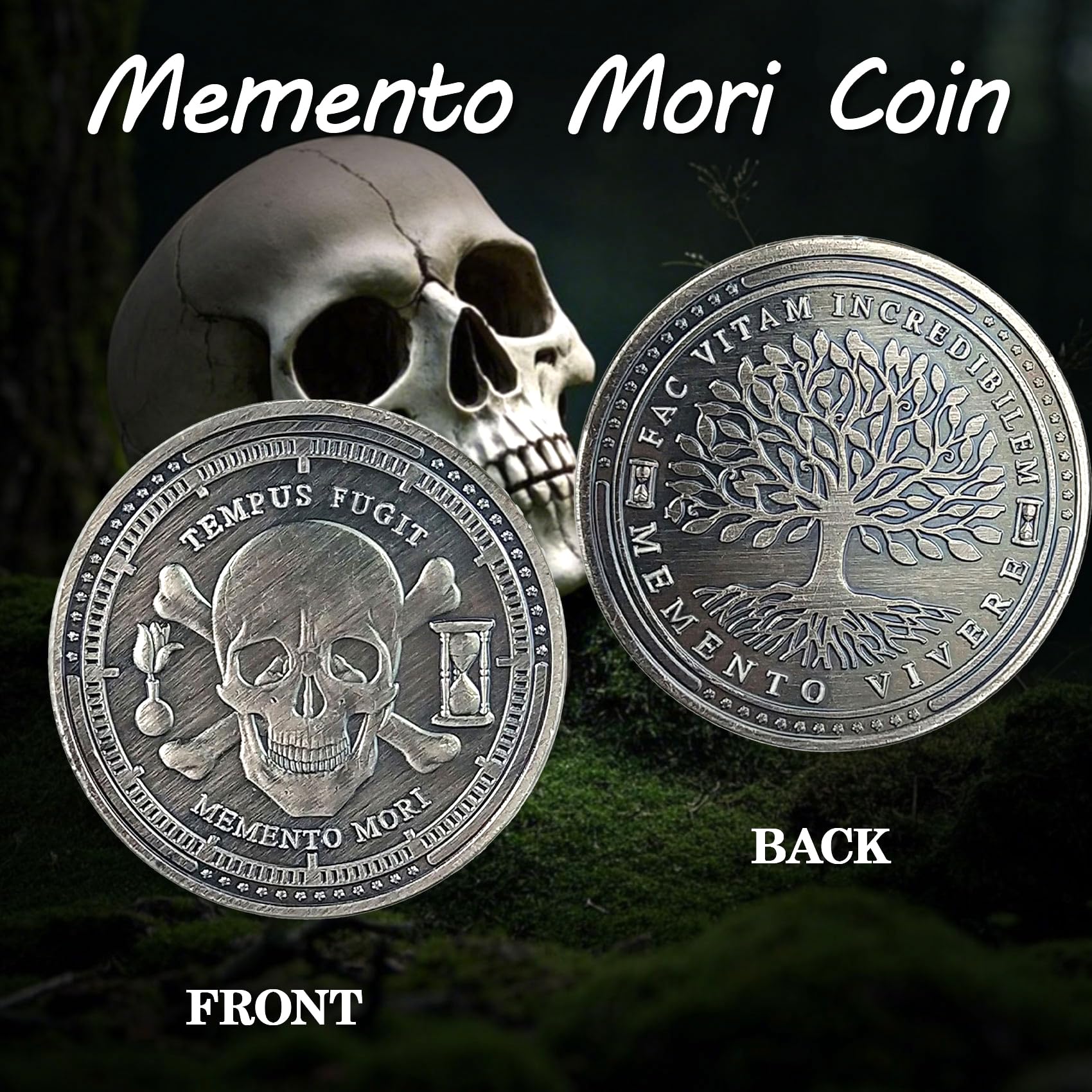 ACGZQY Memento Mori Coin - Tree of Life Memento Vivere Coin Skull Stoic Reminder Sobriety Token DEC Cool Recovery Medallion Gifts - Image 2