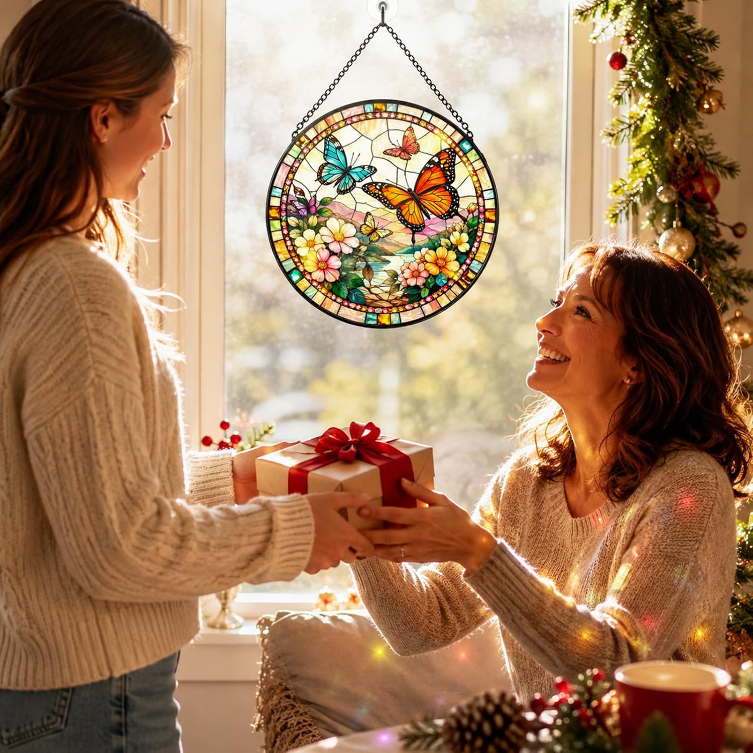 Butterfly Suncatcher - Stained Glass Window Hanging Decor, Colorful Light Catcher, Sun Catchers Indoor Window, Sympathy, Birthday, Christmas for Mom, Grandma, Sister, Women (7.8")