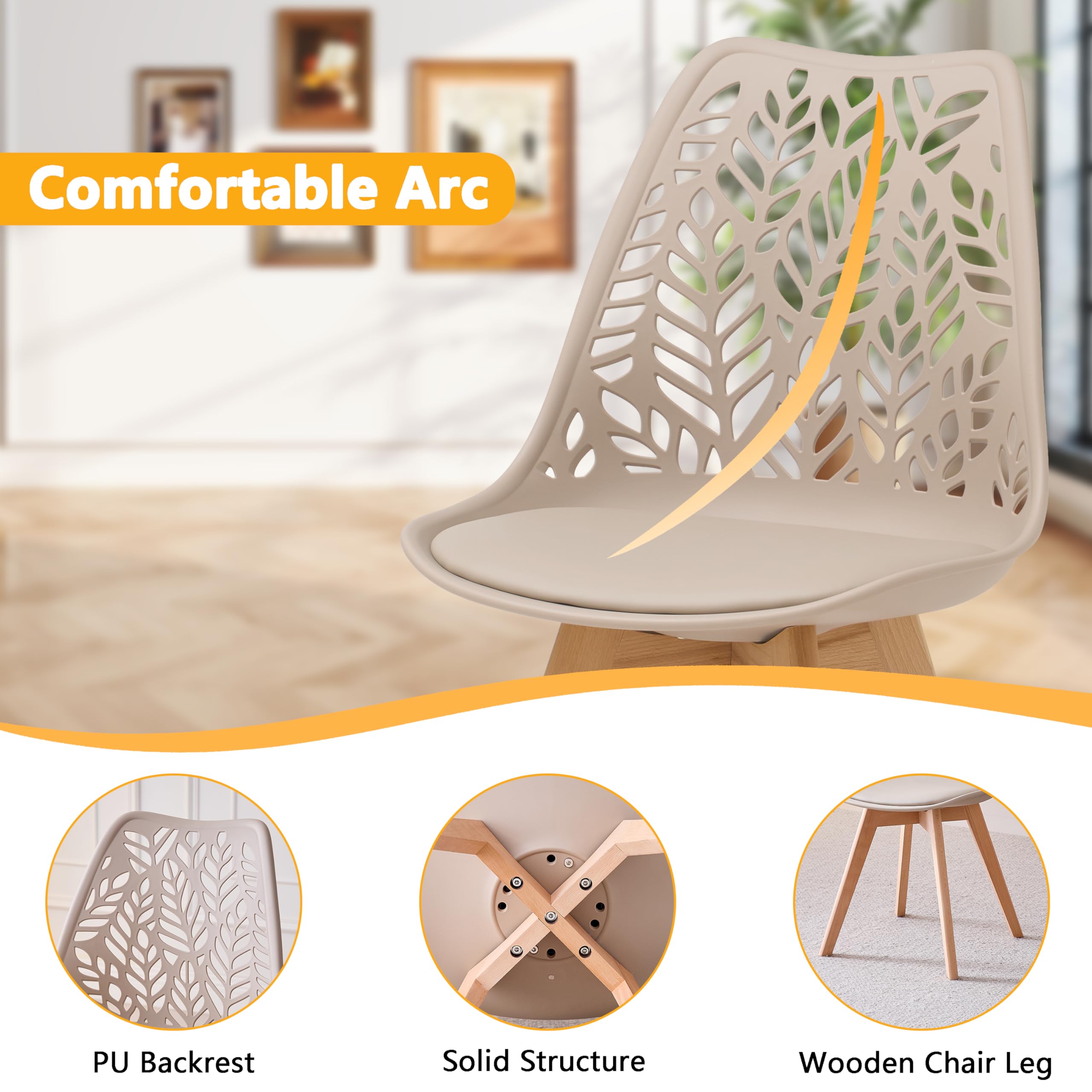 Juego de 8 sillas de Comedor Estilo nórdico, sillas de Cocina Modernas con Patas de Madera Maciza,Respaldo Abierto y tapizado en Piel sintética para comedores, cocinas,Caqui