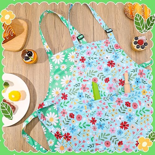 Miniatura 5 de Paquete de 2 delantales para niños, bonitos delantales de cocina, delantal de arte impermeable con bolsillos, delantal ajustable para pintores para
