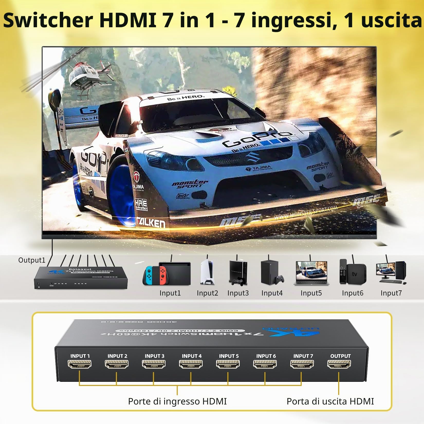 BolAAzuL Switch HDMI 7 in 1 Out 4K a 60Hz, selettore commutatore video con telecomando per 7 ingressi, supporto 3D, HDCP2.2, HDR per PS5, Xbox Series X, HDTV, PC