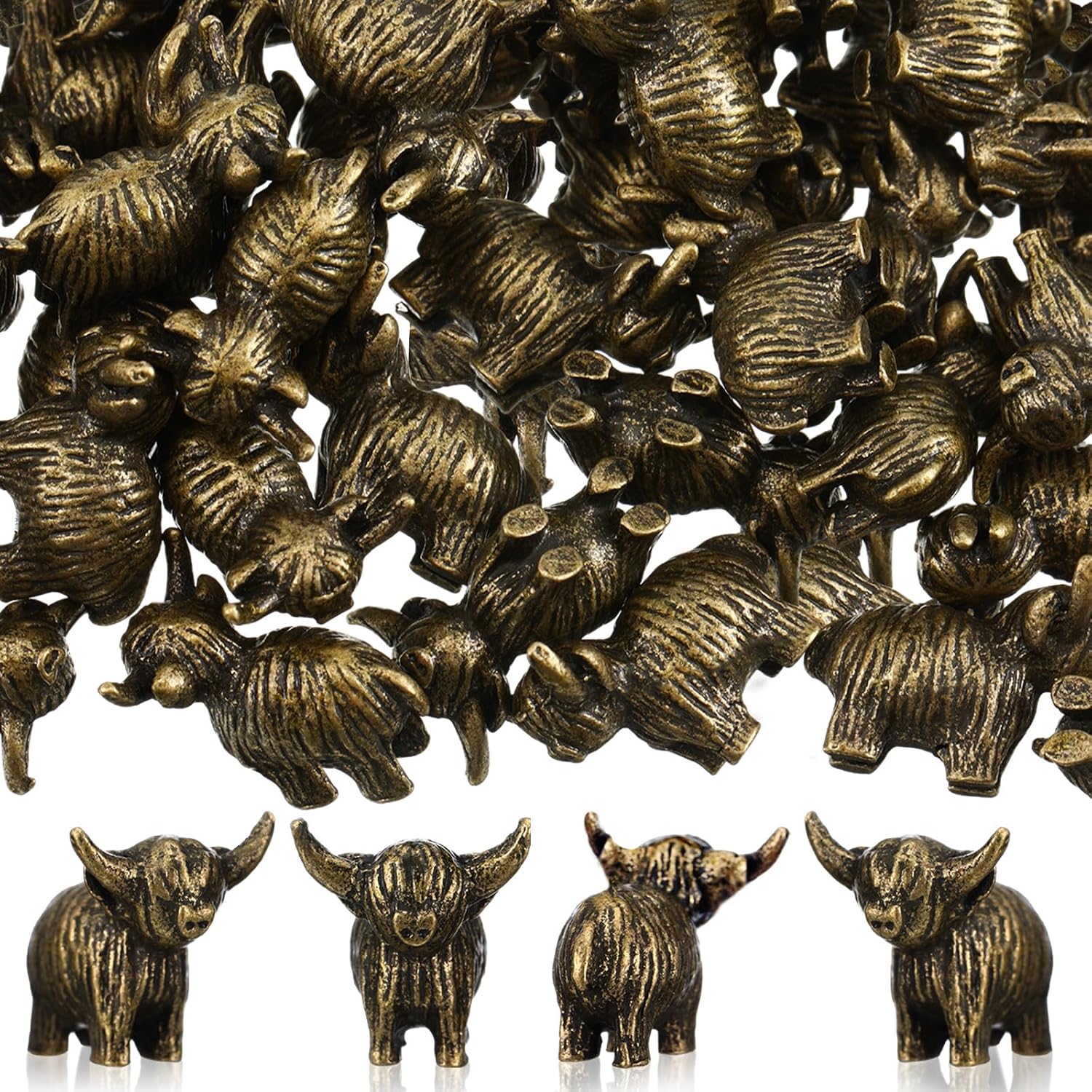Civaner 50 Pcs Mini Metal Highland Cow Figurines Vintage Brass Highland Cow 0.71 Inch Small Cows Statue for Home Office Bookshelf Tiny Vintage Statue to Hide Landscape Accessory