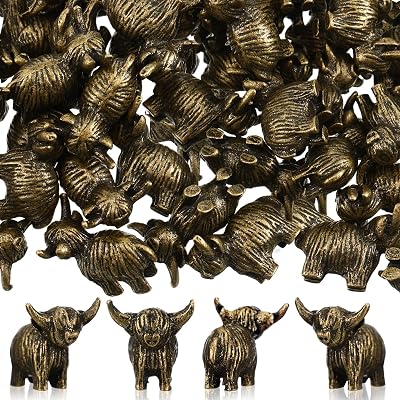 Civaner 50 Pcs Mini Metal Highland Cow Figurines Vintage Brass Highland Cow 0.71 Inch Small Cows Statue for Home Office Bookshelf Tiny Vintage Statue to Hide Landscape Accessory