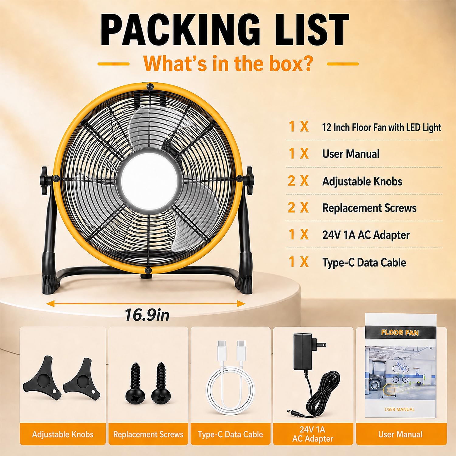 T-SUN Wiederaufladbarer Bodenventilator, 30,5 cm, kompatibel mit Dewalt 18 V/20 V Akku-Ventilator mit LED-Licht, USB-Typ-C-Anschluss, stufenlose Geschwindigkeiten, kabelloser Industrieventilator für