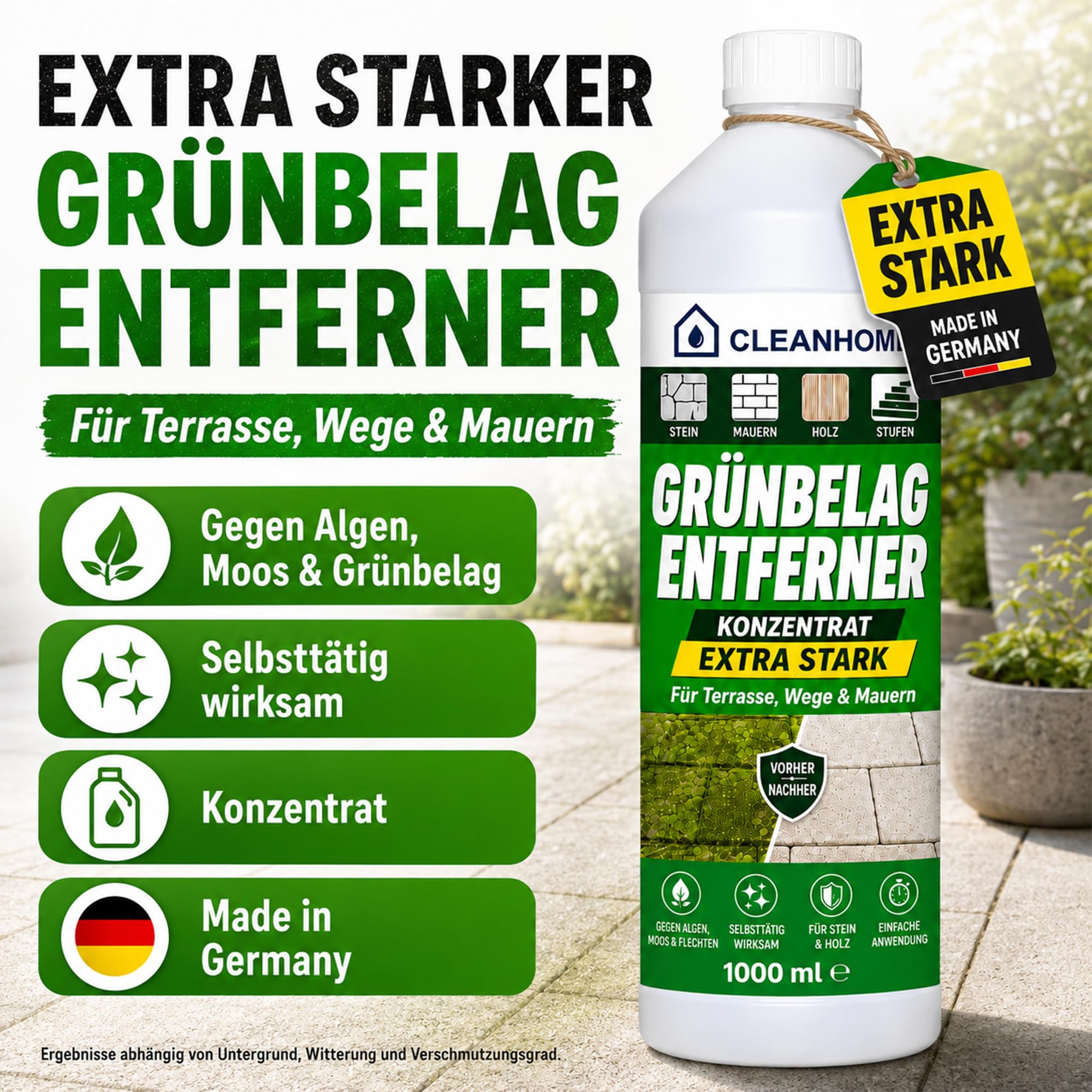 CLEANHOME Grünbelag Entferner Konzentrat 5 Liter – extra starker Grünbelagentferner gegen Algen, Moos & Flechten | selbsttätiger Steinreiniger außen für Terrasse, Wege, Mauern & Holz