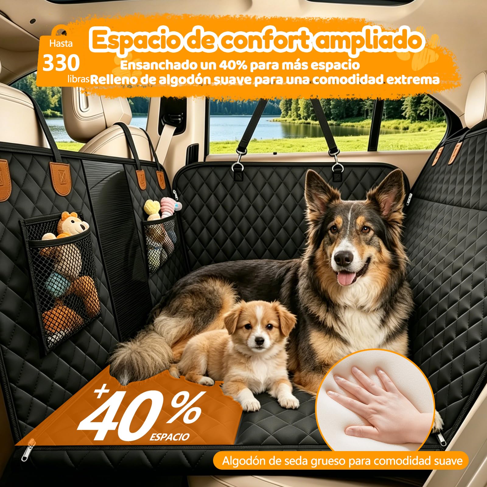 Funda Coche Perros Asiento Trasero, Protector Coche Perro Impermeable Antideslizante Resistente Arañazos, Base Rígida 8 Paneles Soporte, Plegable con Ventana Malla Visible, Universal para Turismos SUV