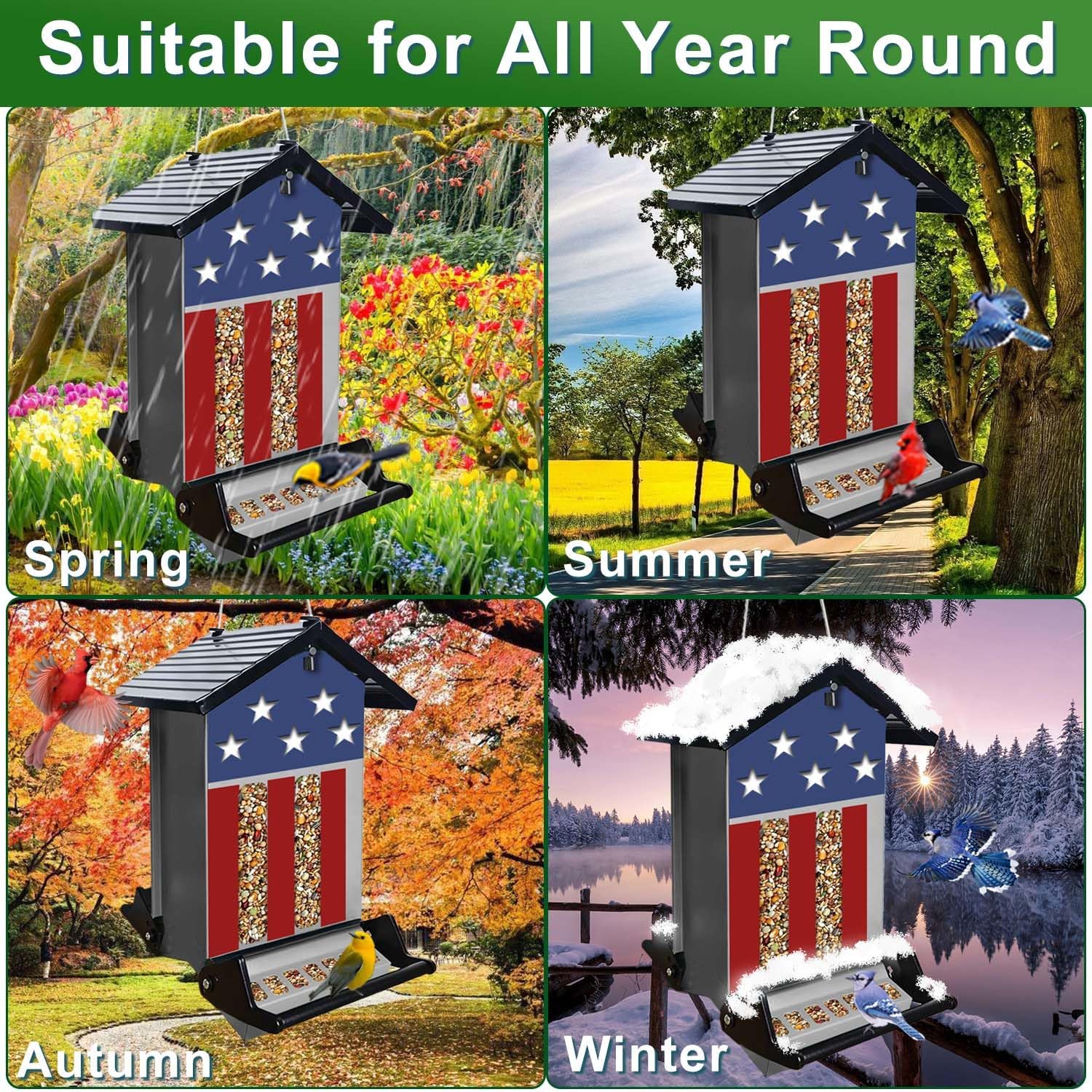 Squirrel Proof Bird Feeder, 6LBS Large Capacity Hanging Bird Seed Feeders for Outside, Weight-Activated Perches Metal Wild Birdfeeder for Outdoors, Blue Jay, Cardinal（Grey