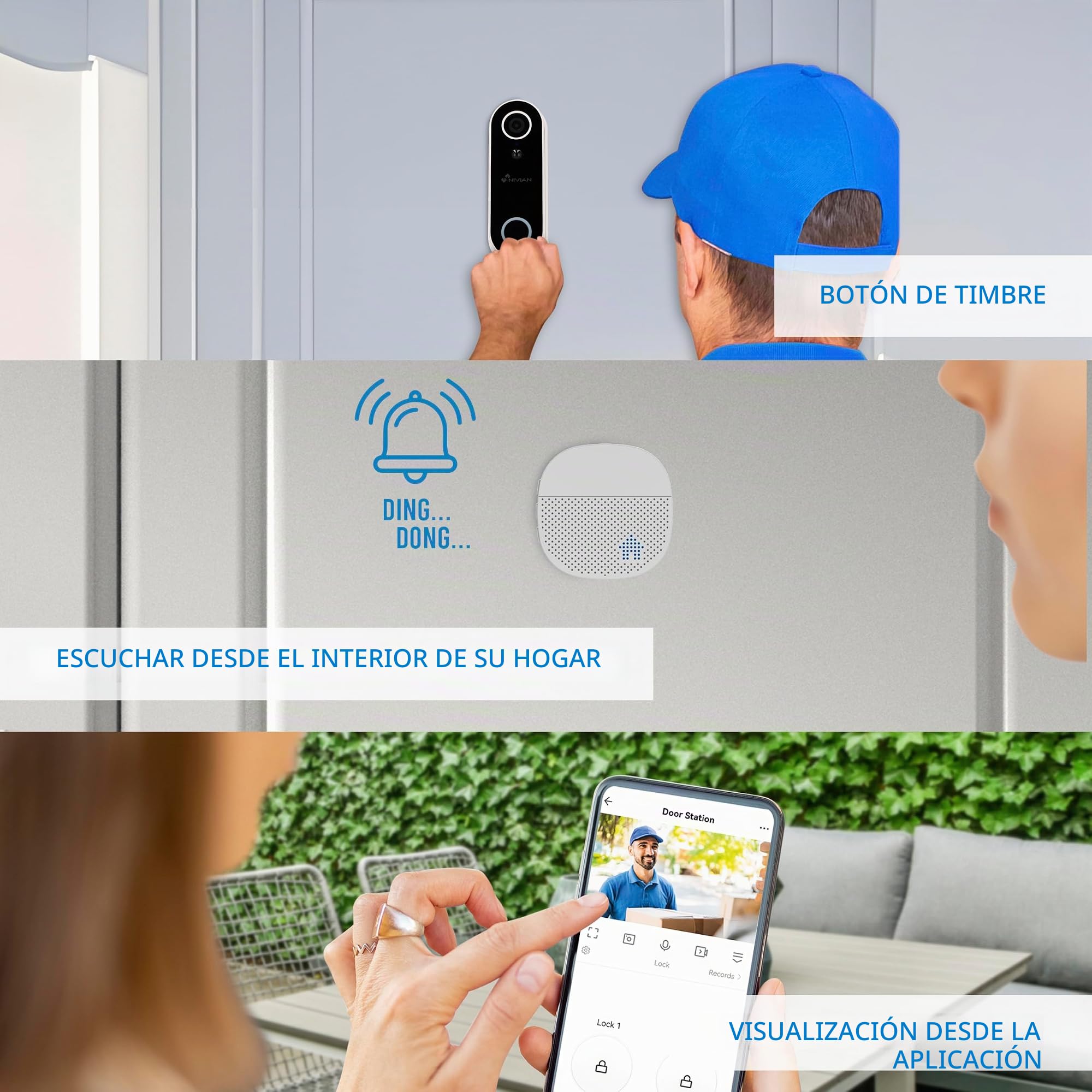 NIVIAN - Video Timbre Inteligente WiFi con Cámara Full HD, Audio Bidireccional, Detección de Movimiento, Visión Nocturna, Batería Recargable, Compatible con App Tuya, Alexa y Google