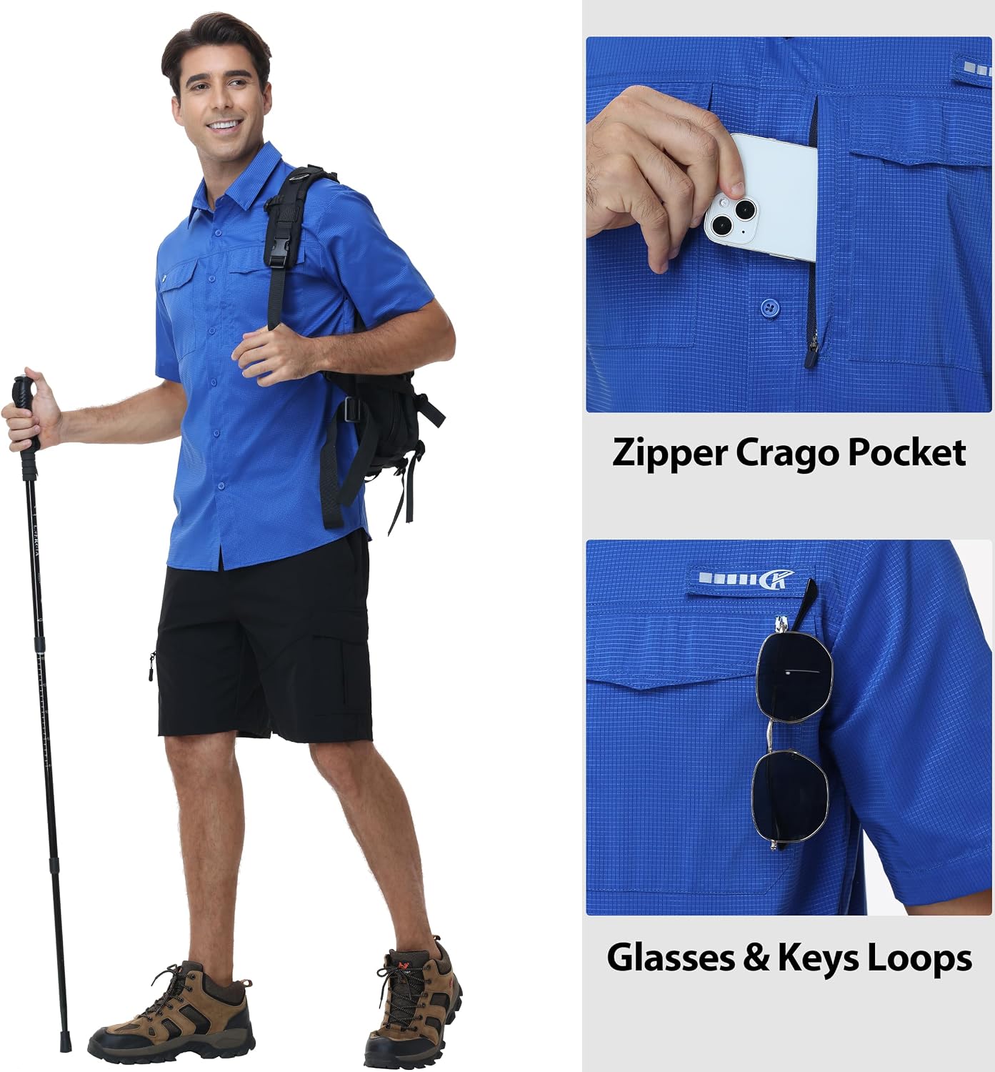 Satankud Mens UPF 50+ Fishing Shirts Short Sleeve Lightweight Quick Dry Hiking Travel Safari Work Shirt Zip Pocket