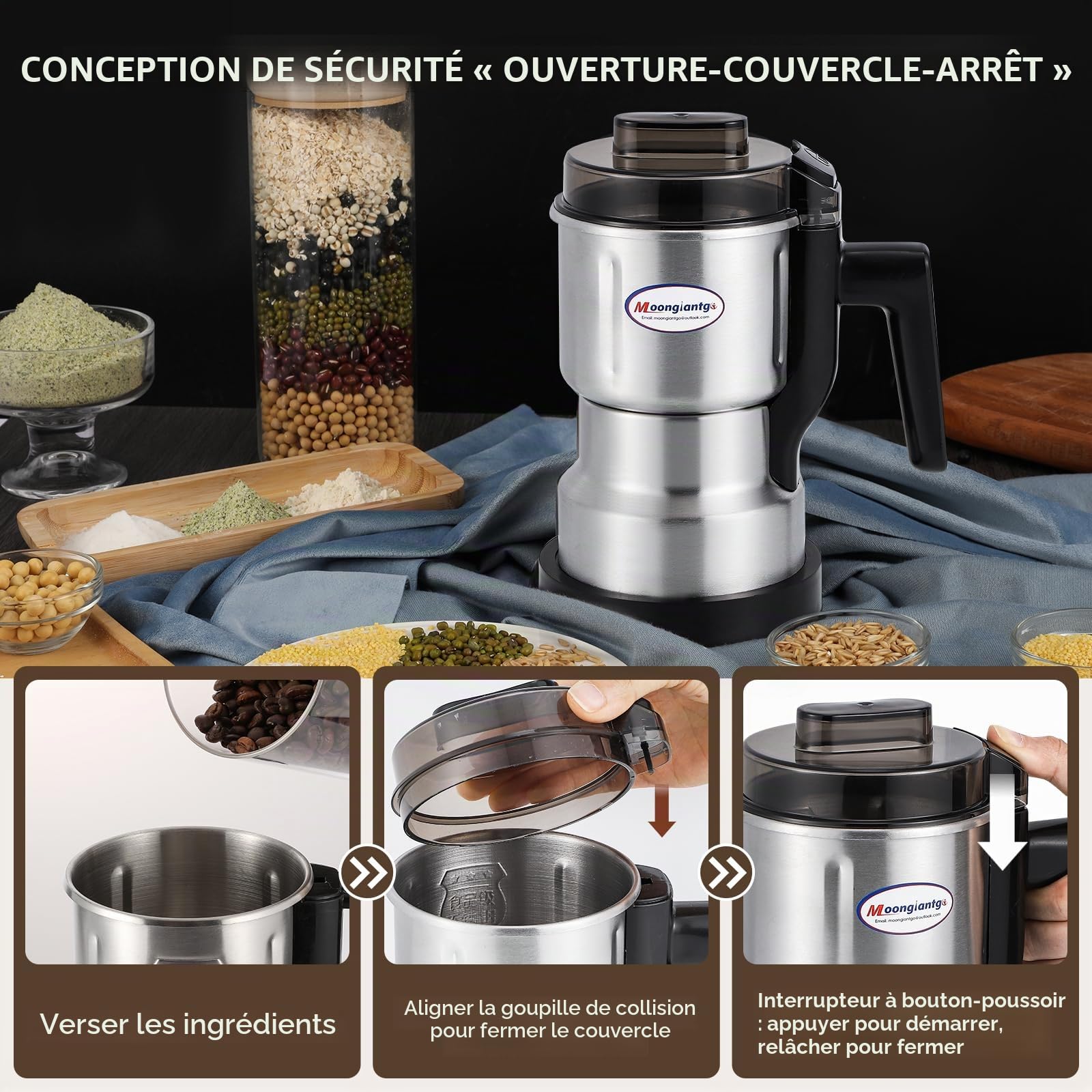 Moongiantgo Moulin Multifonctionnel à Céréales, Café et Épices (250W 22000RPM, Capacité 200ml, Acier Inoxydable, Mouture Ultra-Fine pour Céréales, Haricots, Café - Avec Brosse et Cuillère)