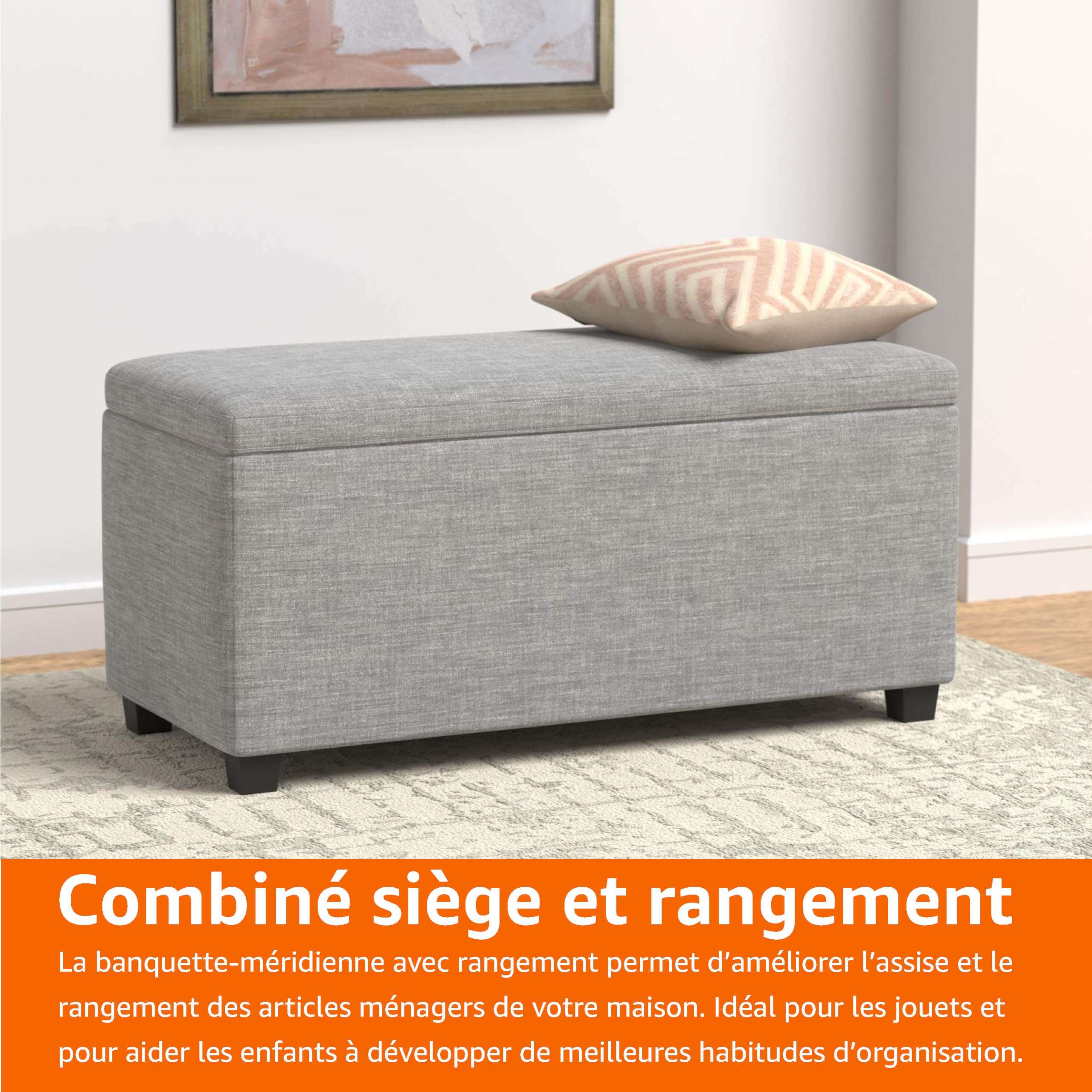 Amazon Basics Banc d'entrée, rembourré, rectangulaire, avec rangement, chambre à coucher, couloir, ottoman, aspect lin, gris clair, 42 x 91 x 43 cm