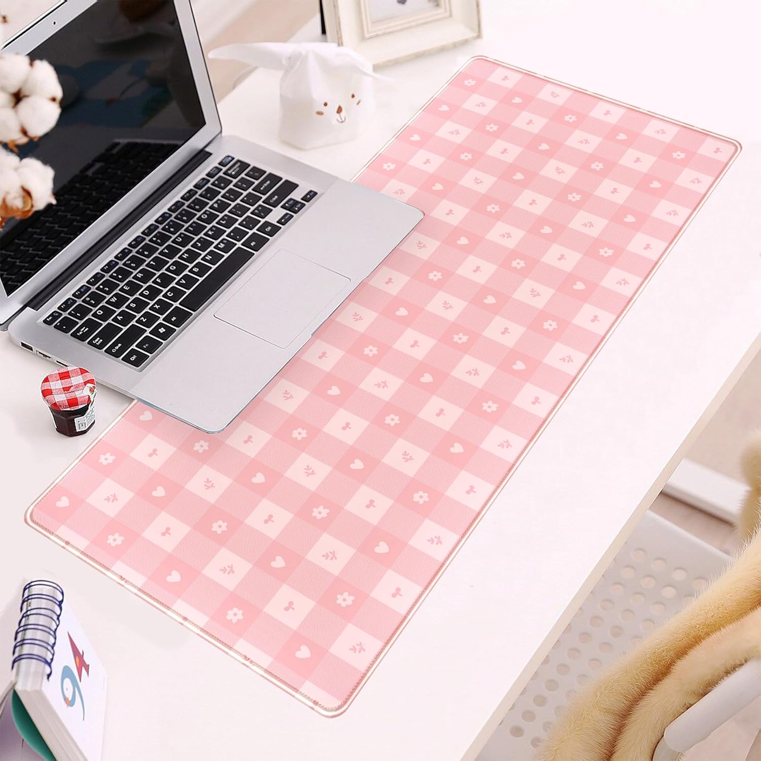 Pink Minimalist Gingham Floral Desk Mat Gaming Mouse Pad Large Cute Pastel Desk Pad Deskmat Kawaii, Women Office Desk Cover Mat, Laptop Computer Keyboard Mat Mousepad Desk Accessories 31.5"x11.8" - Image 6