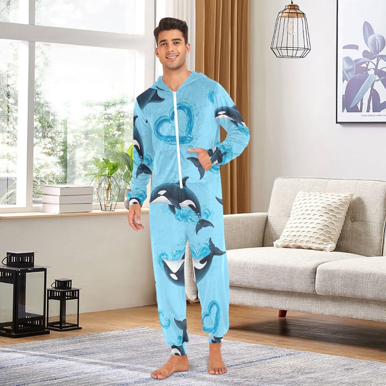 Dolphins - Tutina intera da adulto, in velluto di cristallo, con cappuccio, colore: azzurro