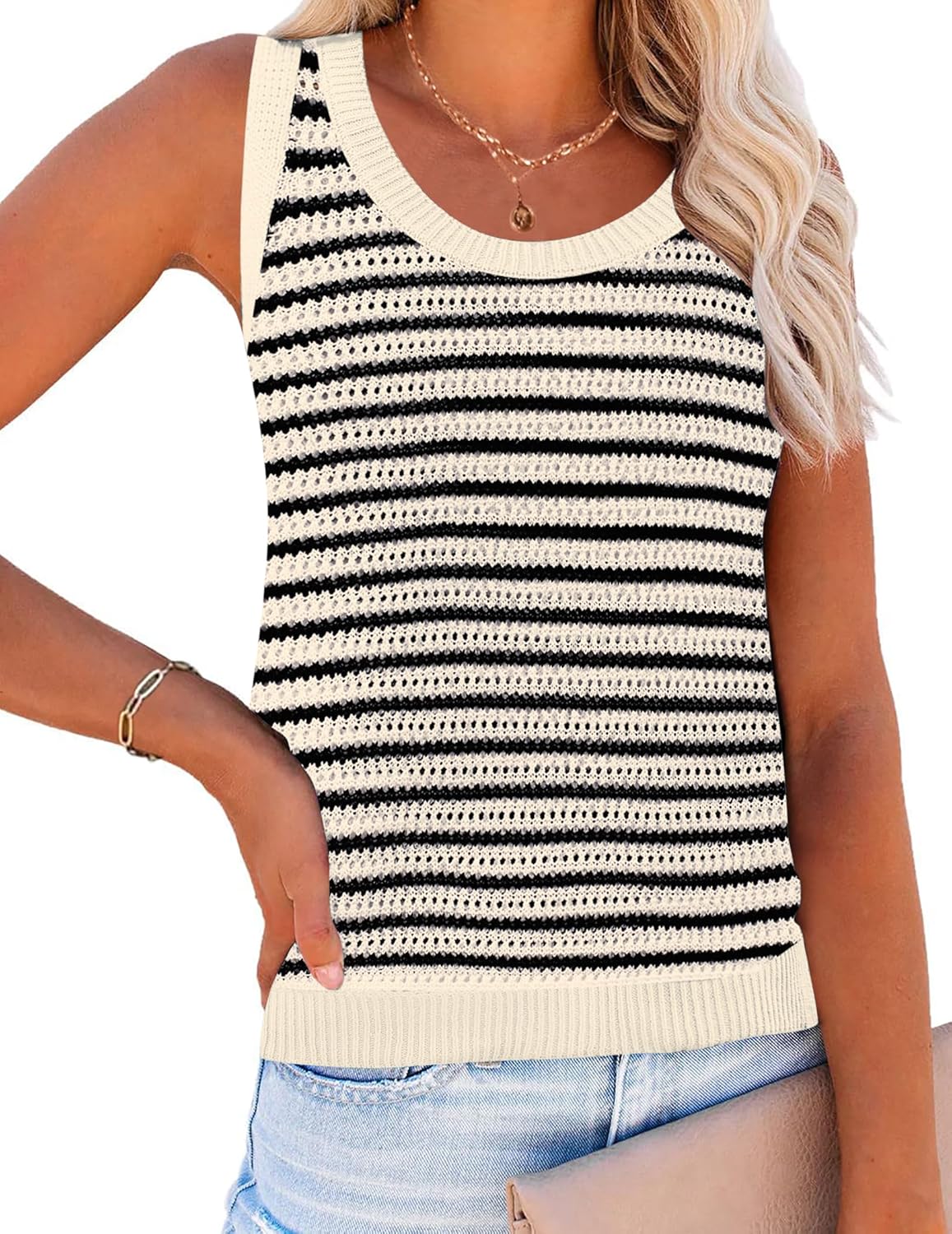 Zeagoo Womens Summer Crochet Sleeveless Sweater Vest Round Neck Hollow Out Knit Tank Tops Casual Loose Cami Tops