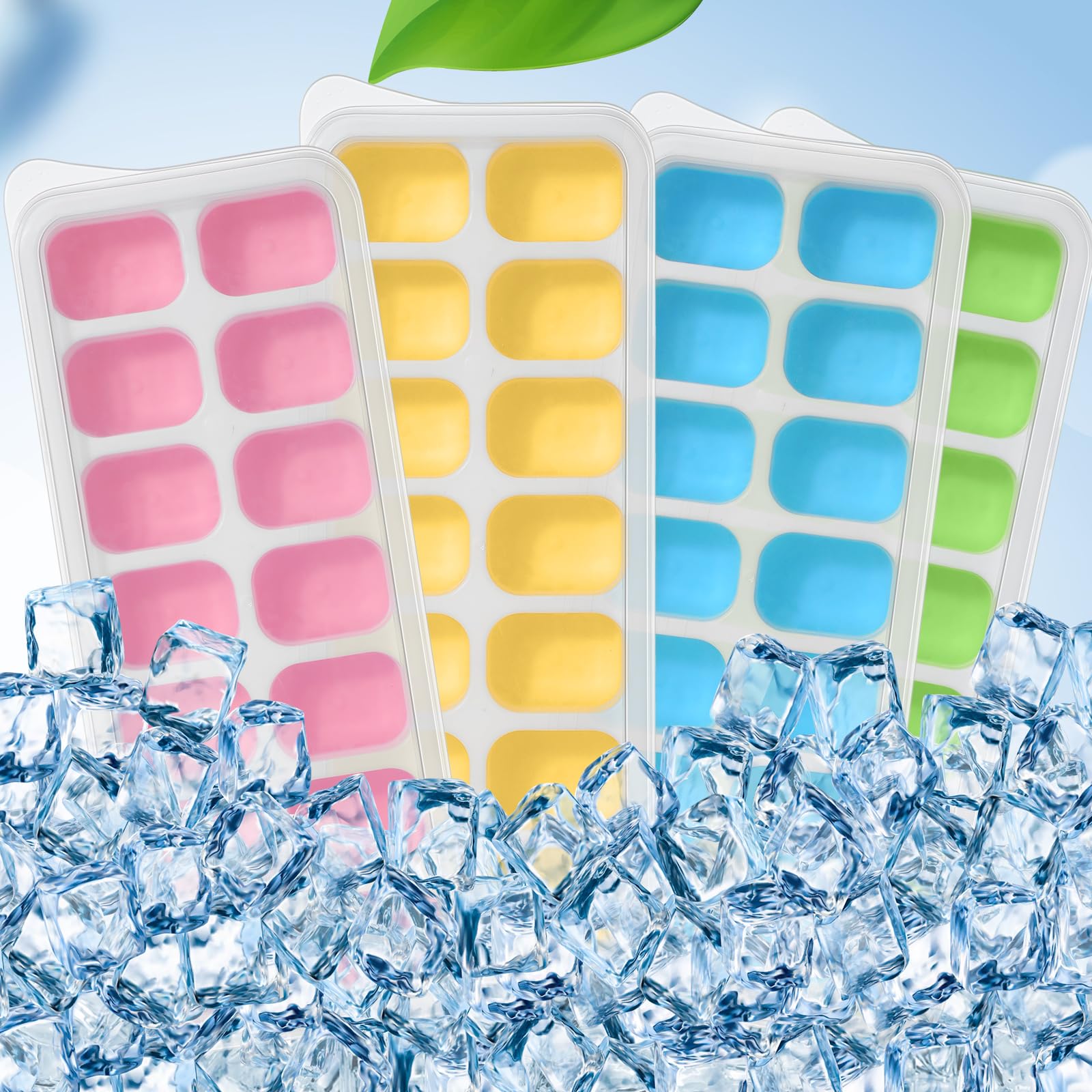 Tanlade 20 Stück Silikon Eiswürfelform mit Deckel Wiederverwendbare Eiswürfelformen 14 Würfel Eiswürfelformen Stapelbare Eiswürfelformen mit Abdeckungen für Gefrierschrank Cocktail, Rosa Blau Grün