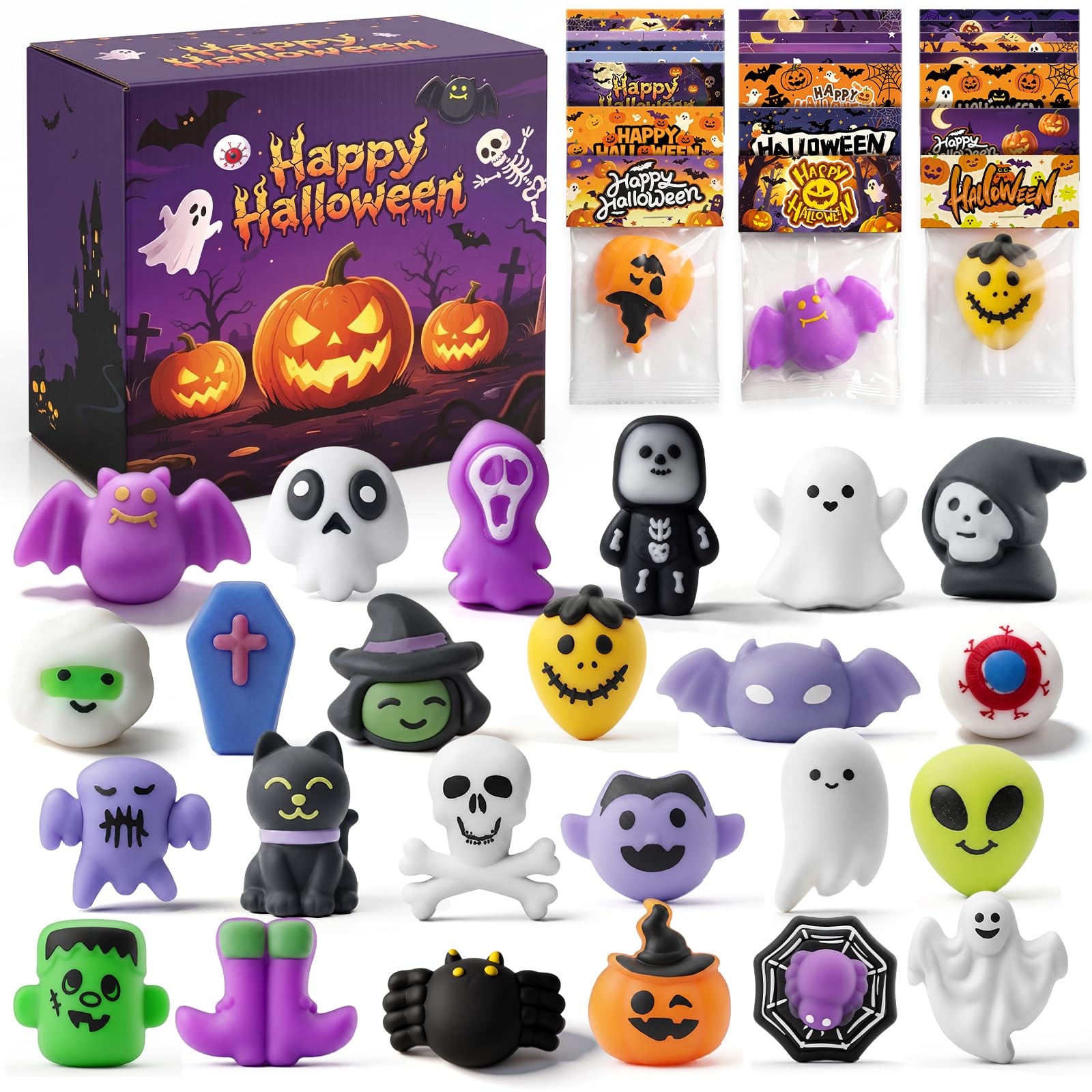 ONLYMISS Halloween Party Favors for Kids, Halloween Treat Bags Squishy Toys | 24 Pcs Mochi Squishies Toys for Goodie-Bag Stuffer, Classroom Prizes, Non Candy Treats Gifts, Halloween Fidget Toys