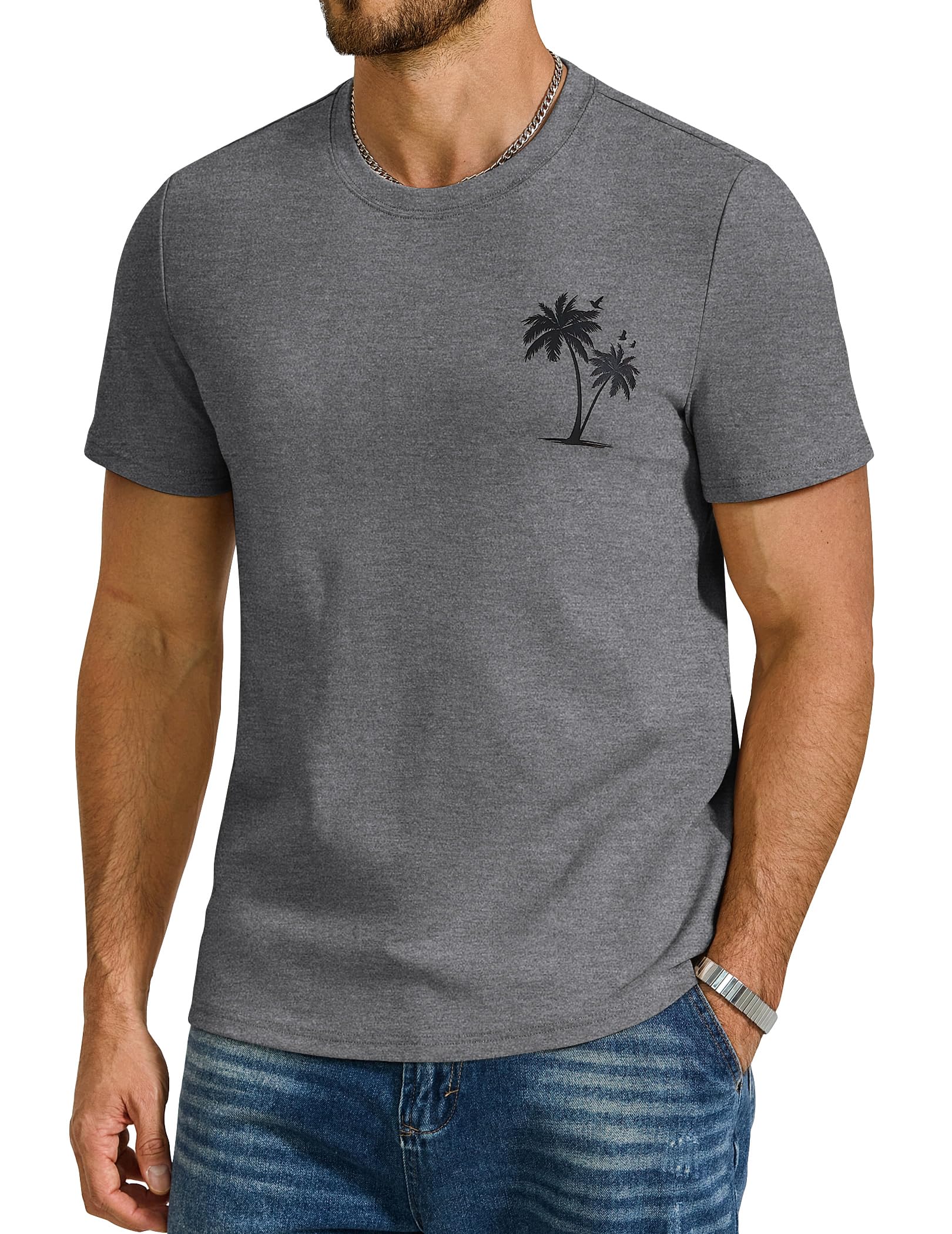 COOFANDY Baumwolle T-Shirts für Herren Sommer Rundhals T Shirt Männer Palmen Print Shirt Kurzarm Lässig Einfarbig Basic Tee