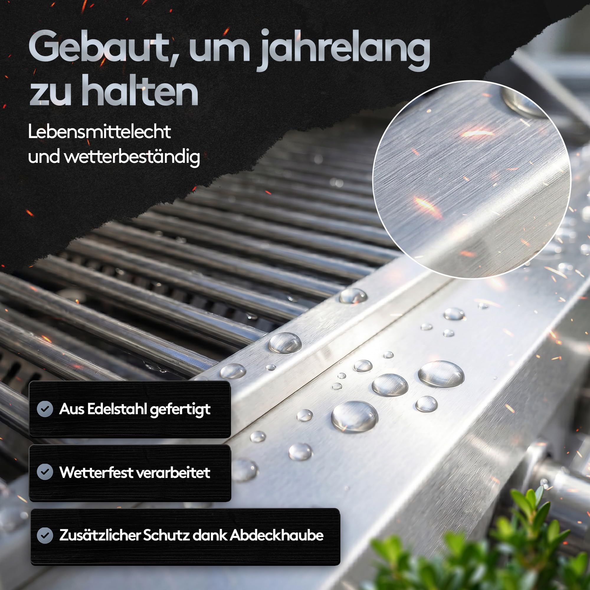 Outdoor Küche Edelstahl 6-Brenner 24,1 kW - Spüle Kühlschrank | inkl. Abdeckhaube, 4x langlebige Edelstahlguss Brenner, Infrarot Seitenbrenner Hot Zone & Backburner, Maße 248x63,5x121 cm